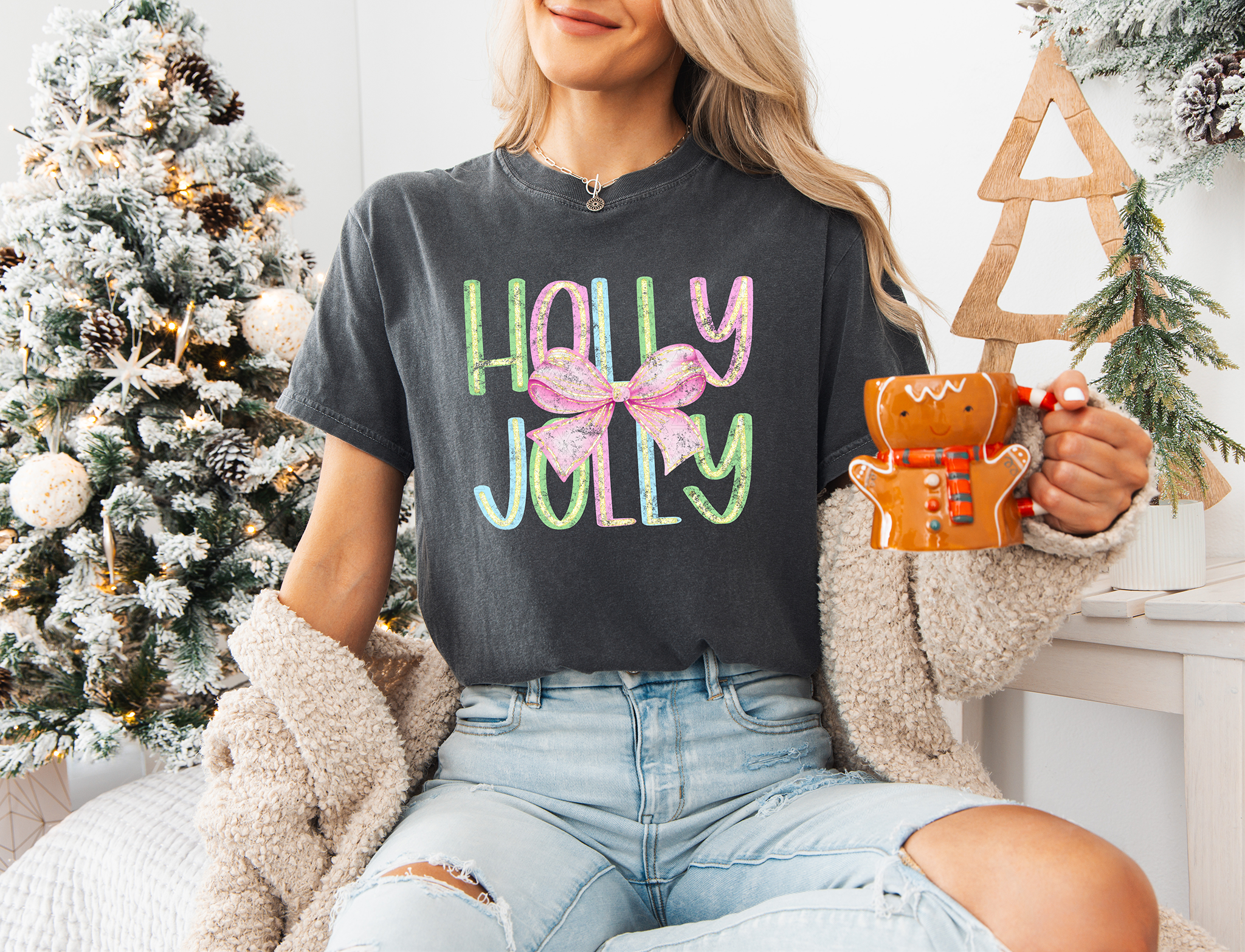 Bright Holly Jolly with Bow Distressed