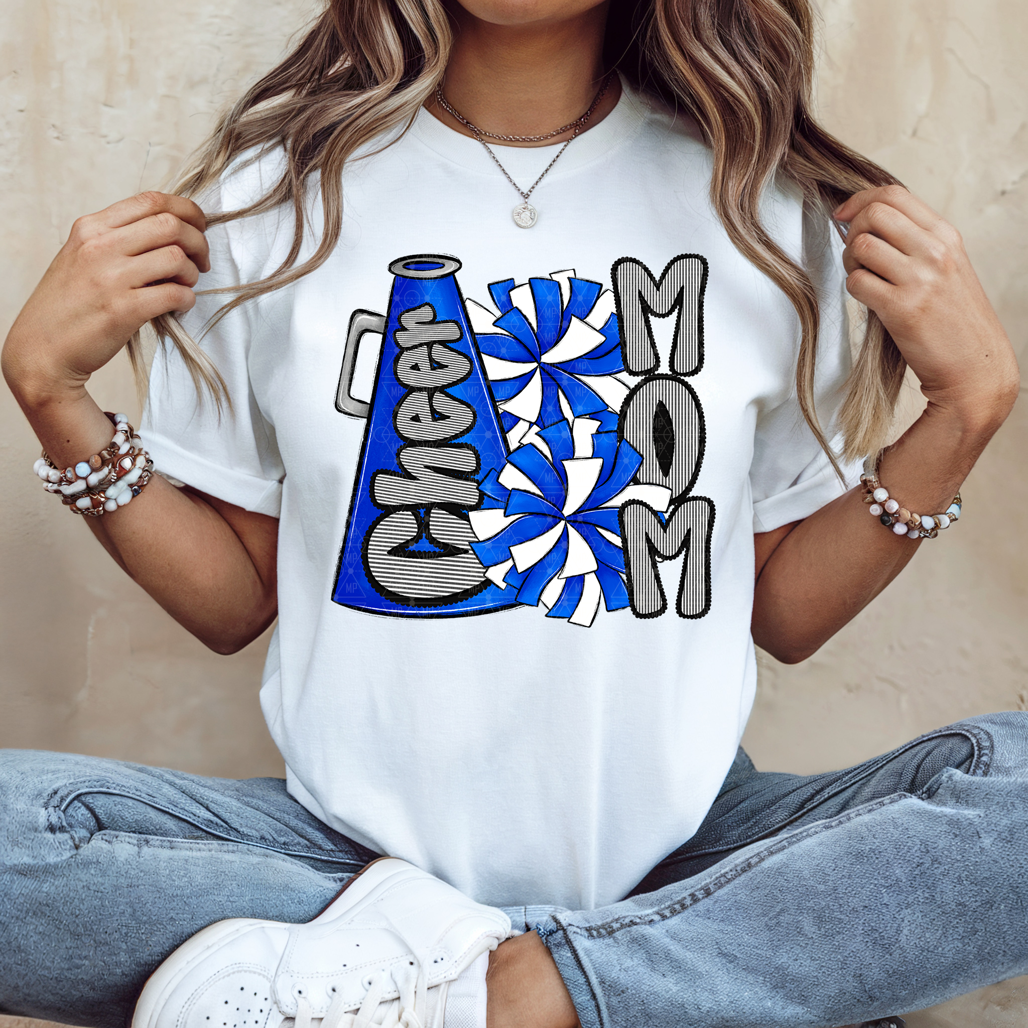 Blue Seersucker Cheer Mom