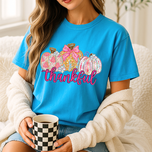 Load image 1 in gallery view. Pink Thankful and Pumpkins