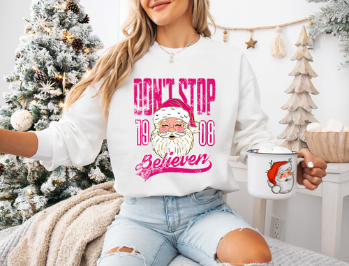Load image 1 in gallery view. Distressed Santa Don't Stop Believin'