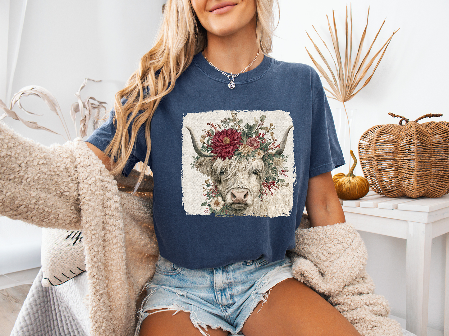 Boho Floral Highland Cow