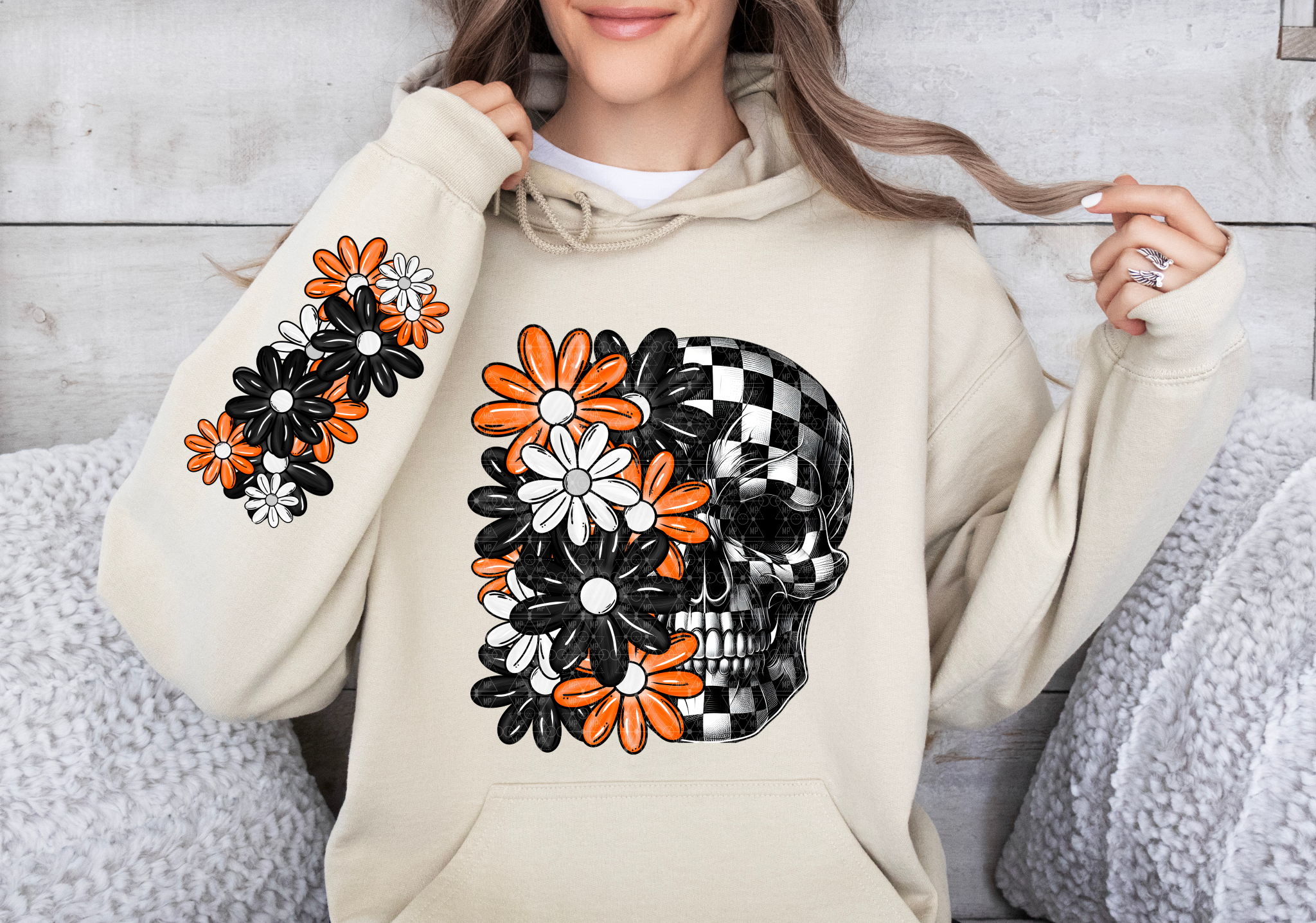 Fall Checkered Floral Skull