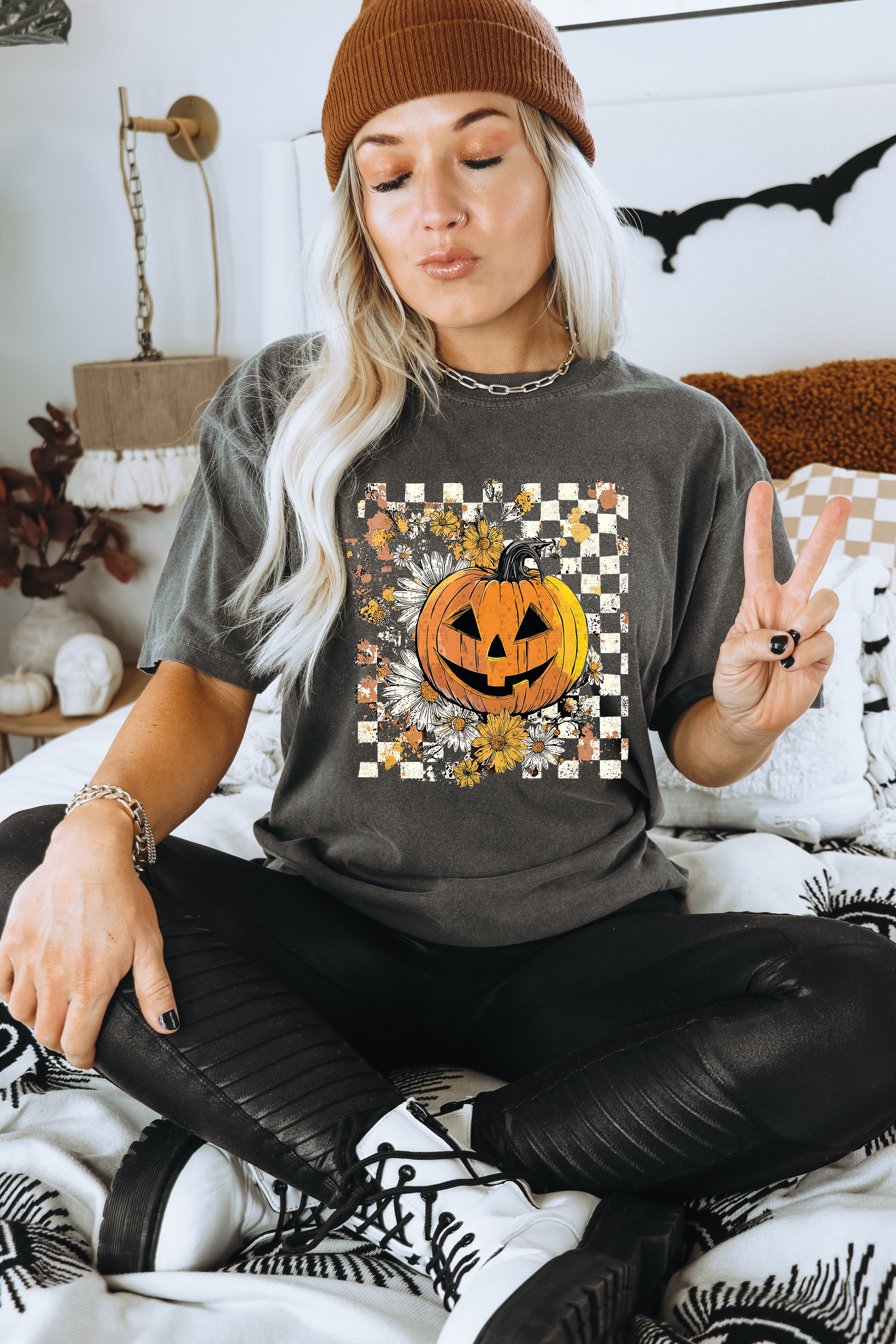 Boho Floral Pumpkin White Checkered