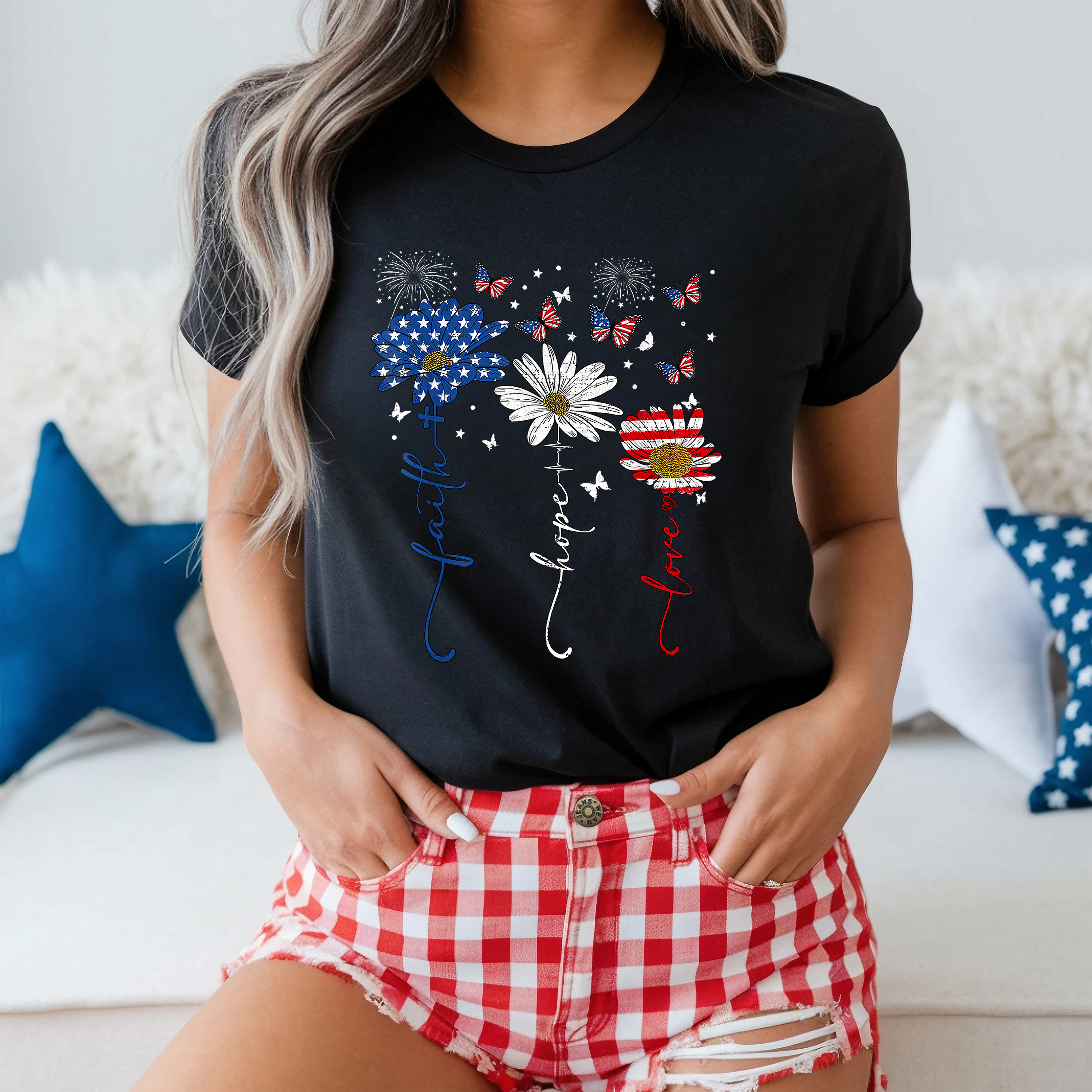 Red White Blue Daisies with Butterflies