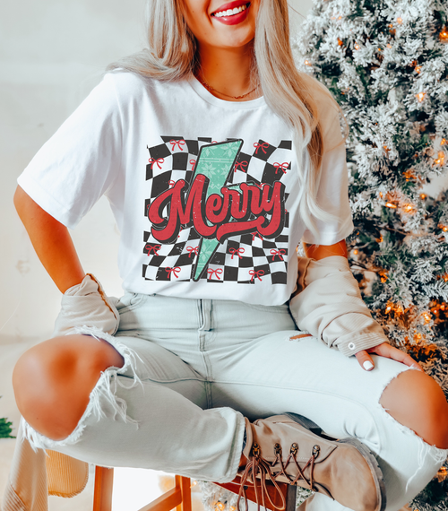 Load image 1 in gallery view. Distressed Checkered Merry
