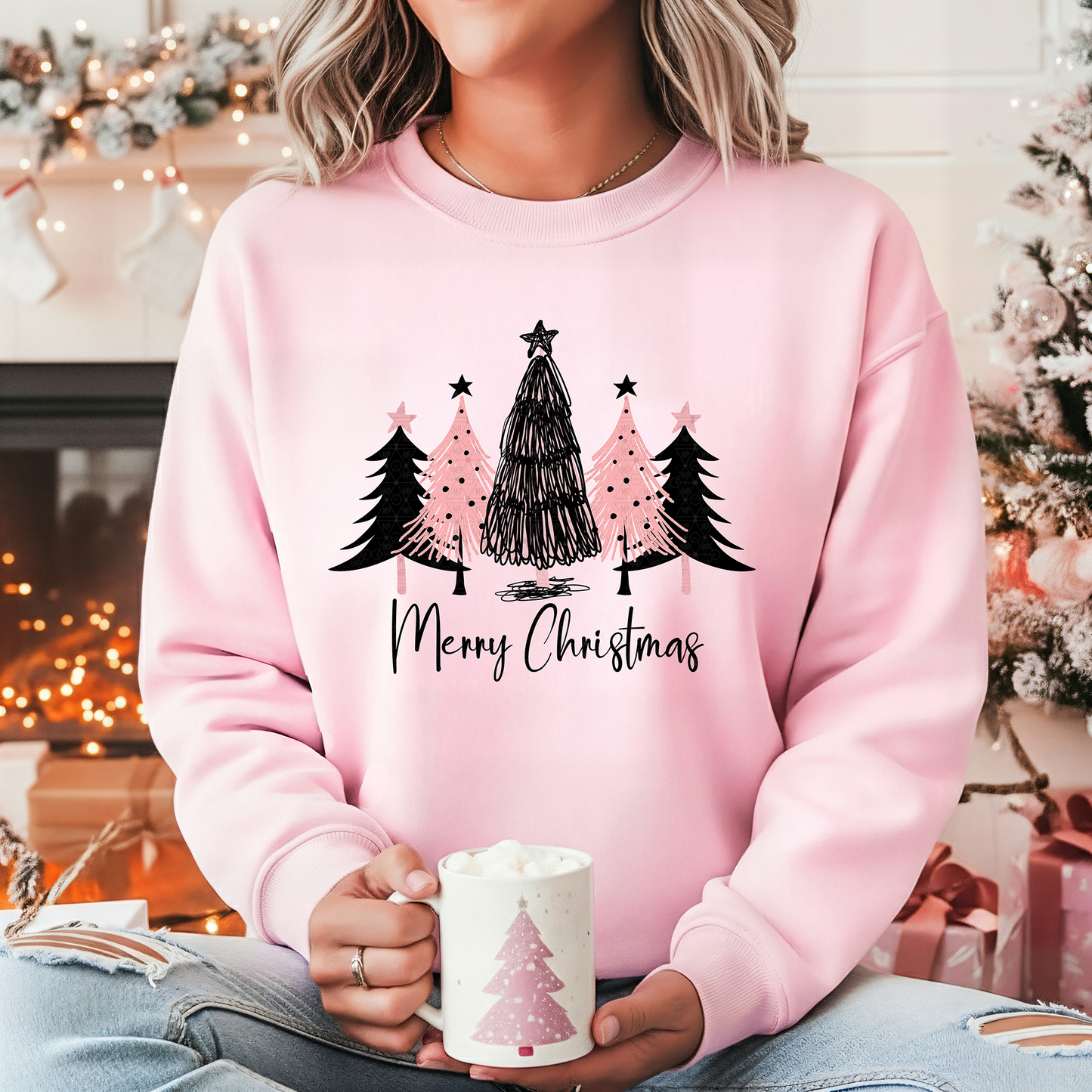 Merry Christmas Black and Pink Trees