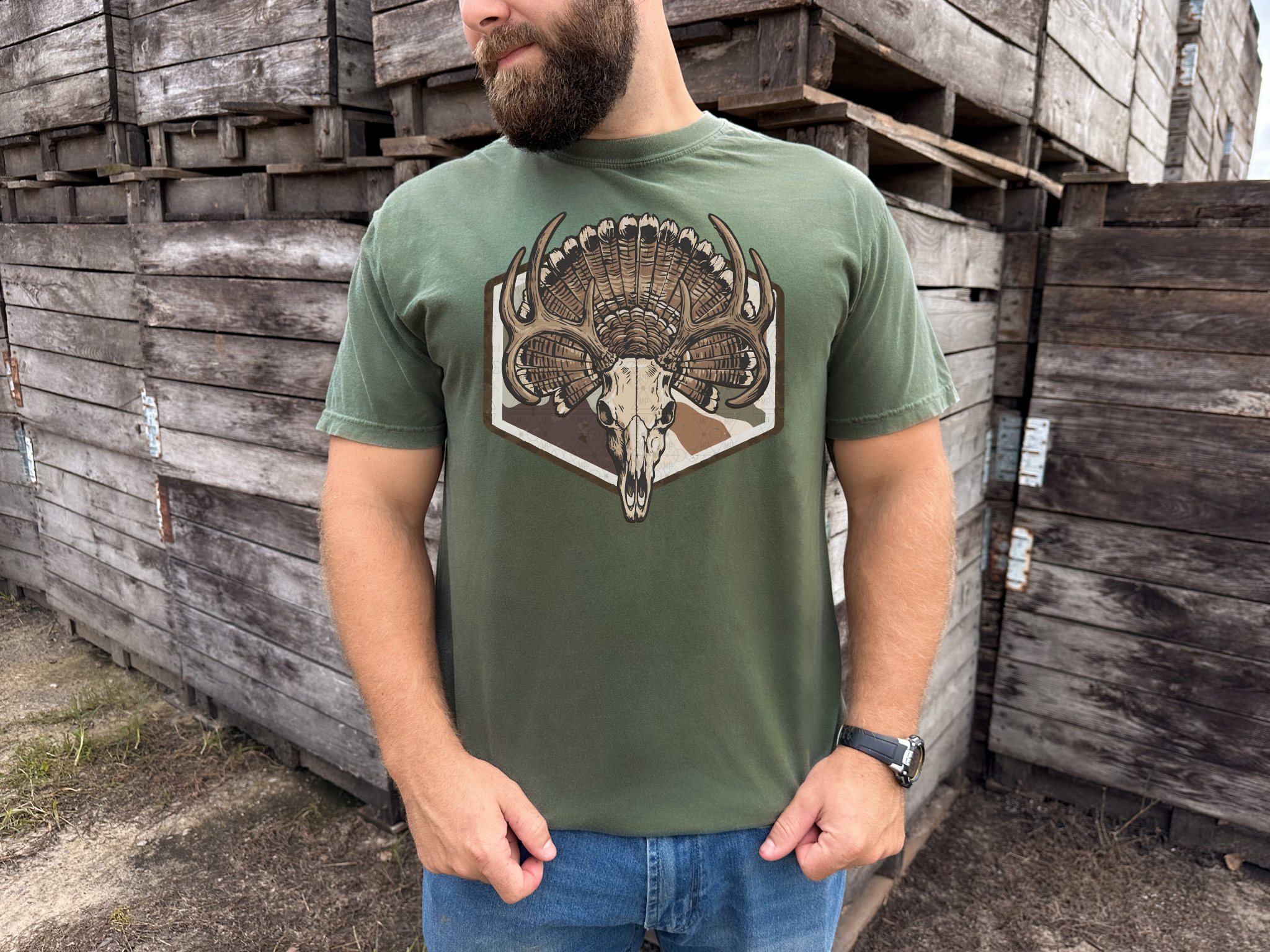 Camo Turkey Fan and Deer Skull