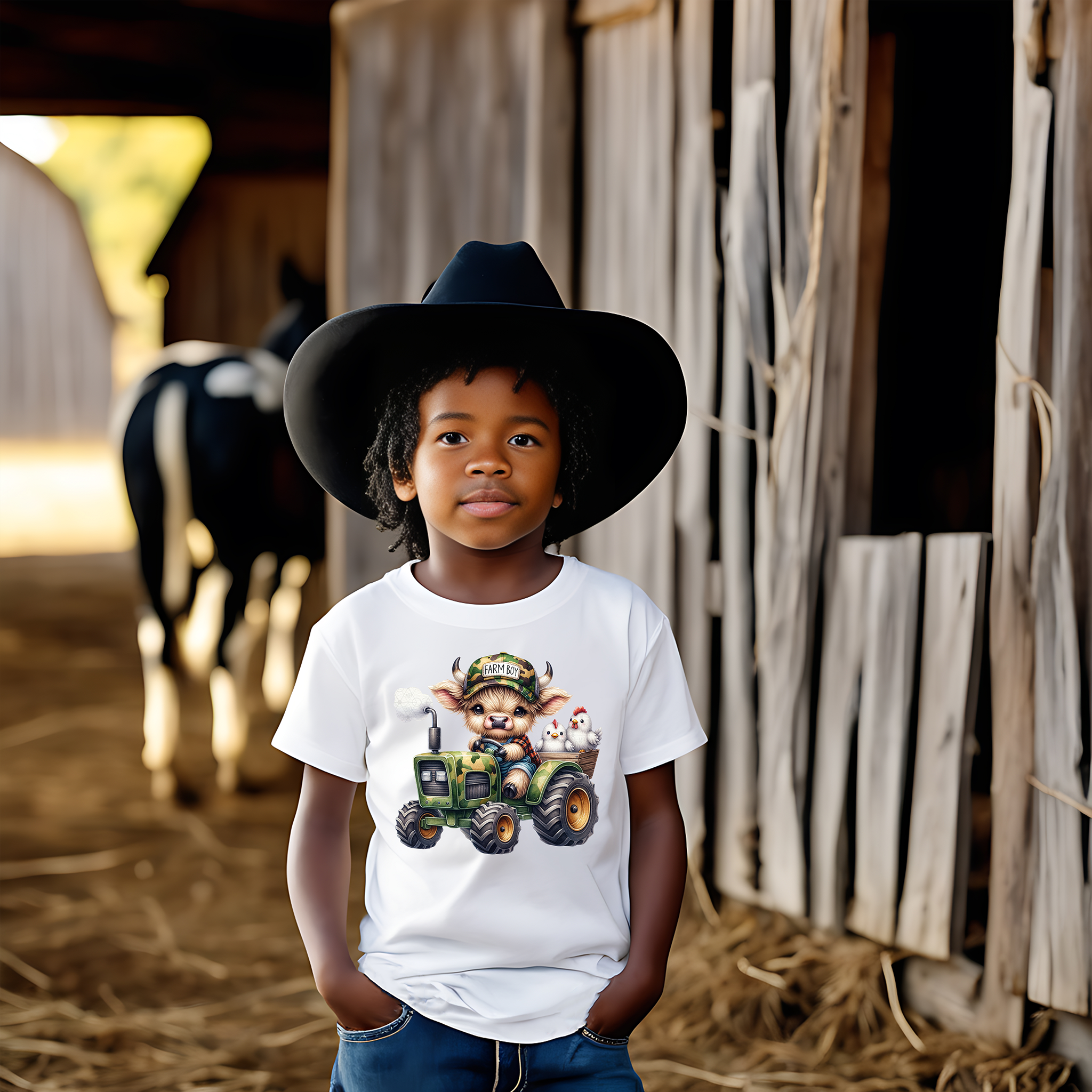 Farm Boy Highland Cow on a Tractor