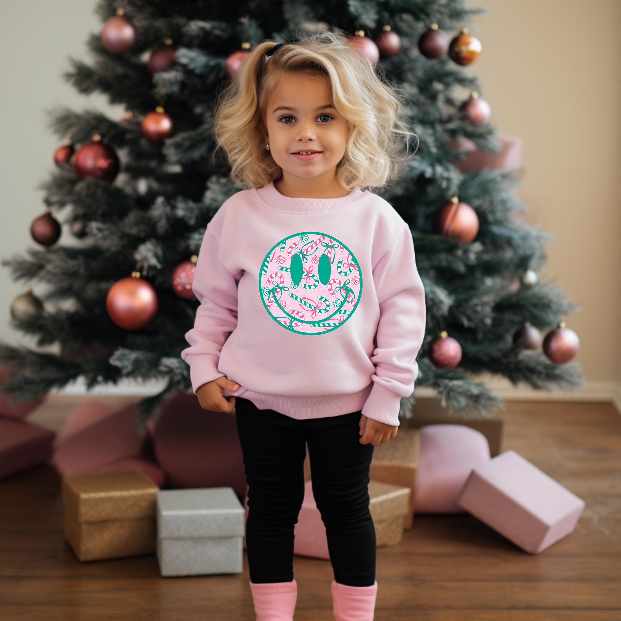 Candy Cane Smiley Pink and Teal