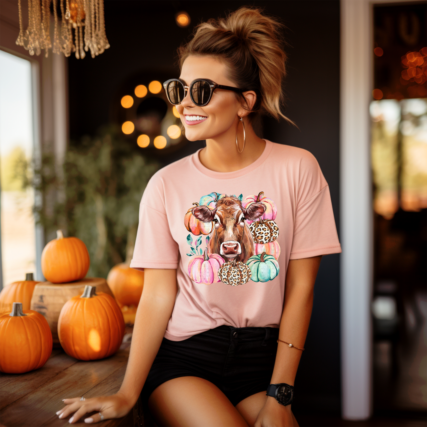 Pastel Highland Cow with Pumpkins