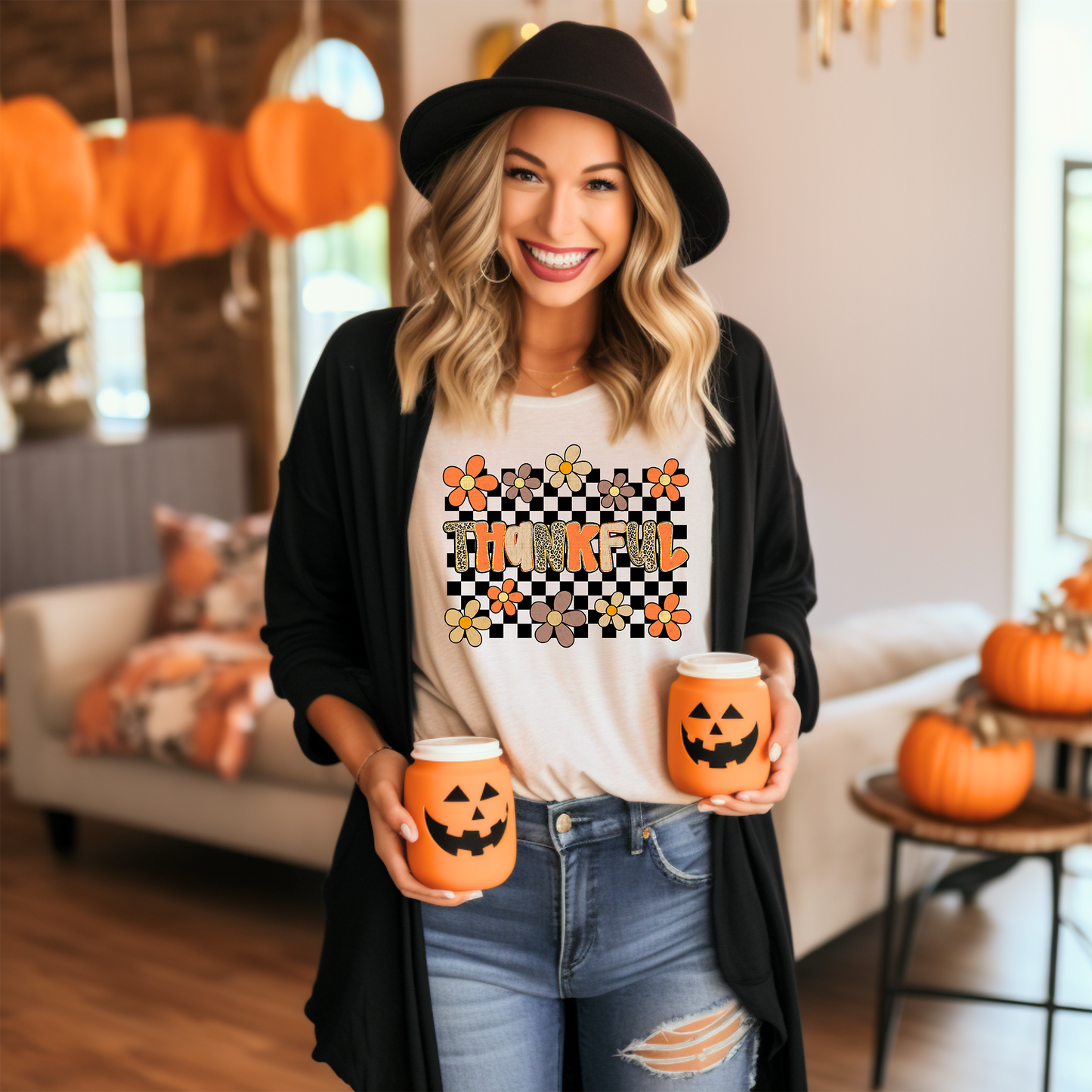 Checkered Thankful Boho Flowers