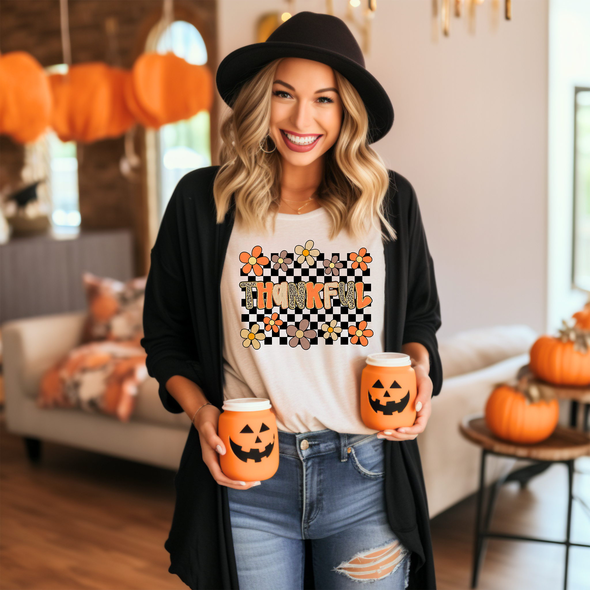 Checkered Thankful Boho Flowers