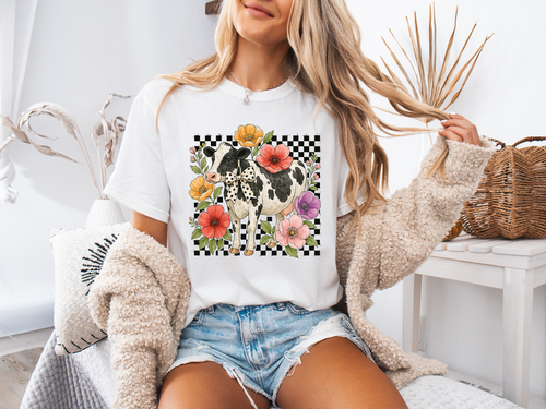 Load image 1 in gallery view. Checkered Floral Cow