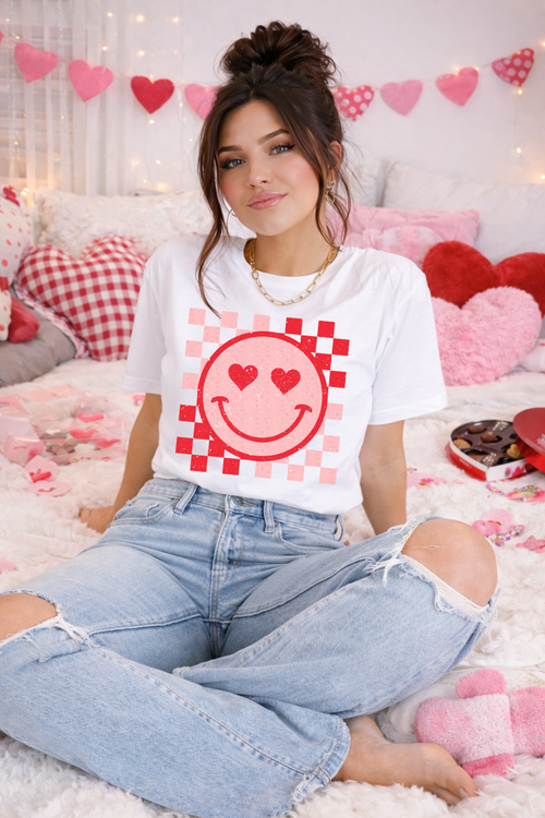 Load image 1 in gallery view. Pink and Red Checkered Smiley
