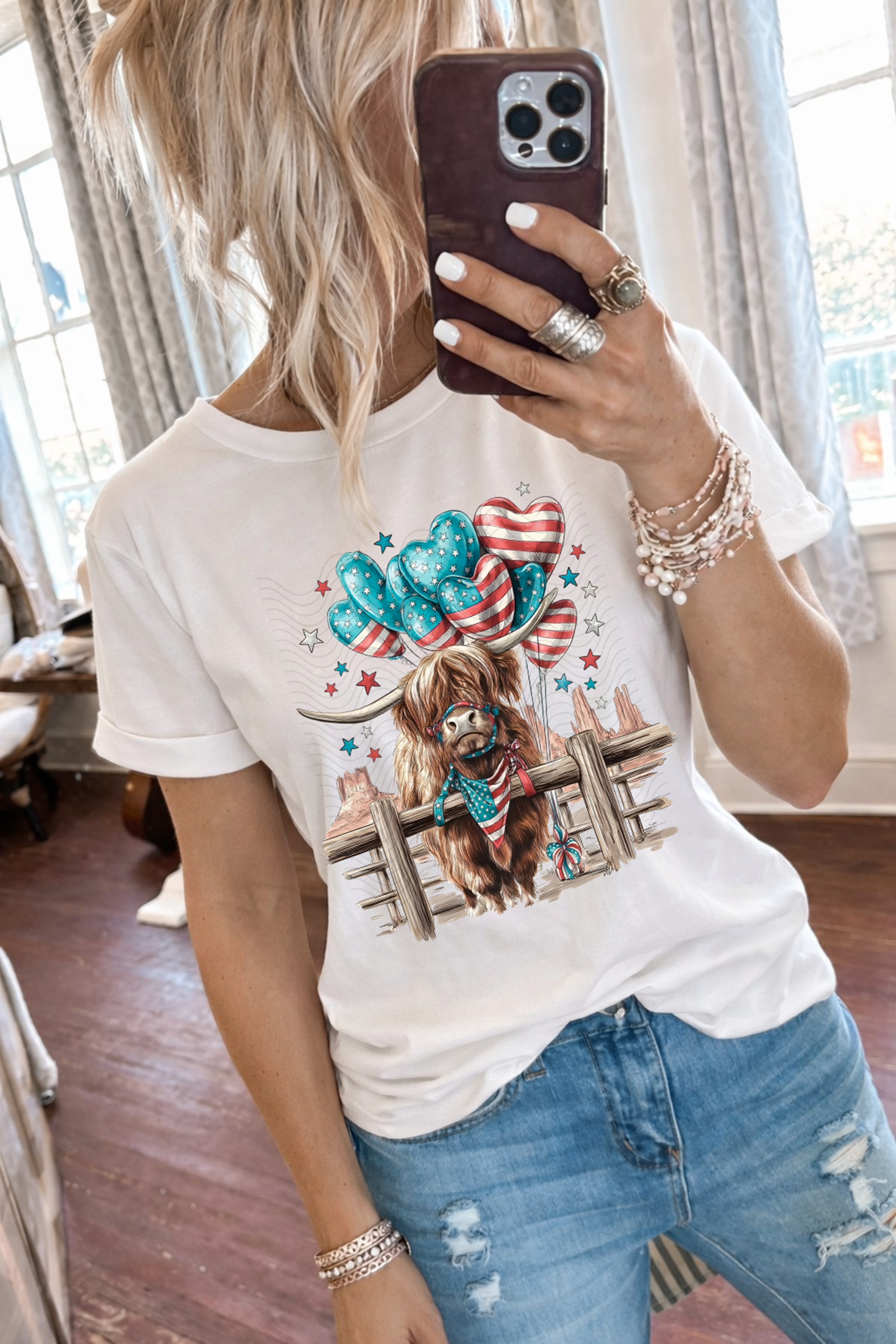 Red White and Blue Balloon Highland Cow