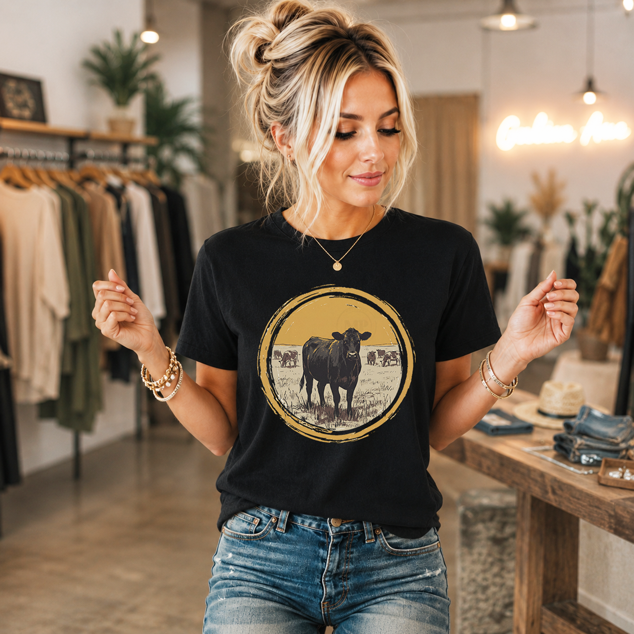 Boho Distressed Circle Black Cow