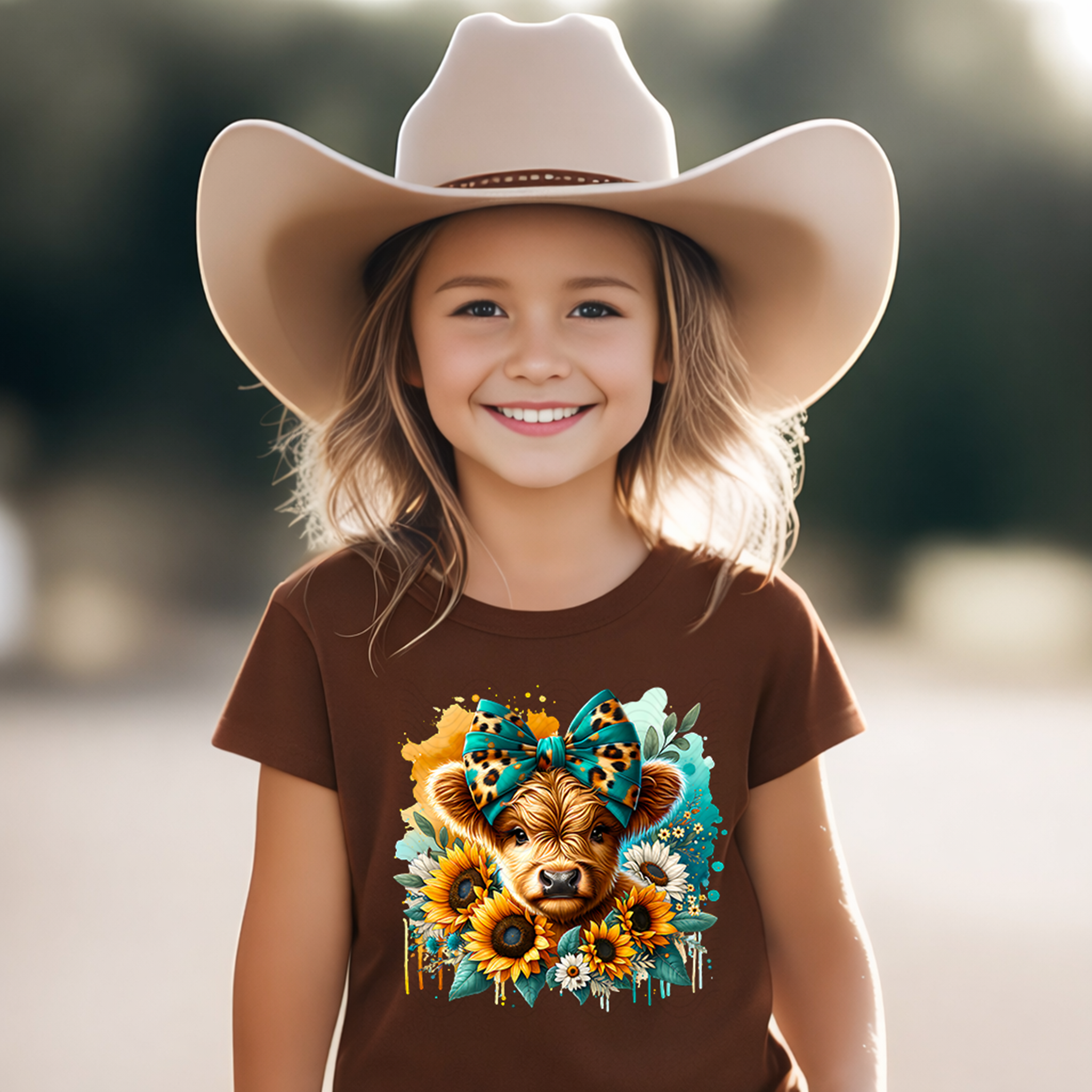 Cute Teal and Sunflower Highland Cow