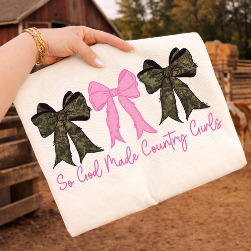 Load image 1 in gallery view. So God Made Country Girls Camo / Pink Bow