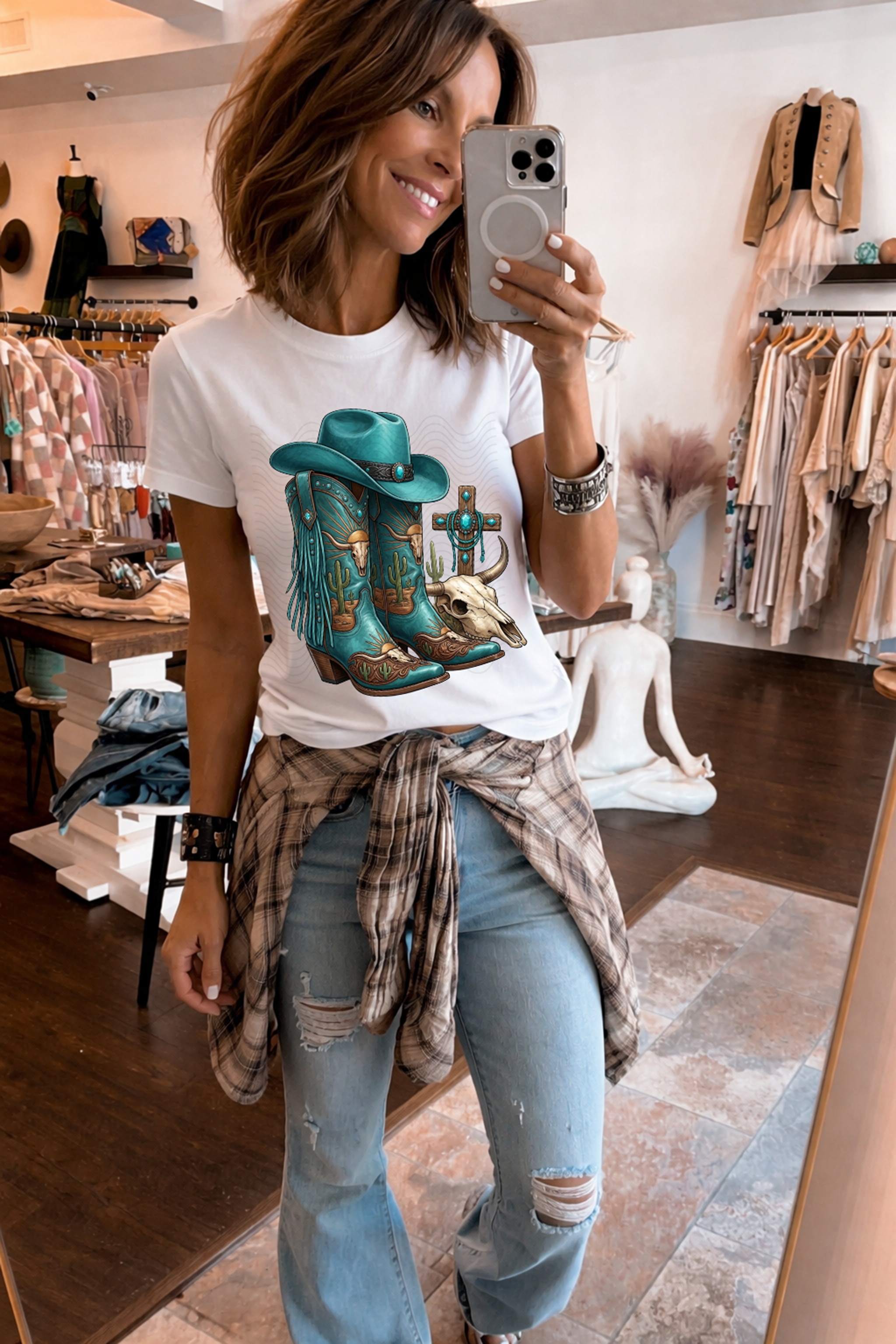 Teal Cowboy Boots and Skull