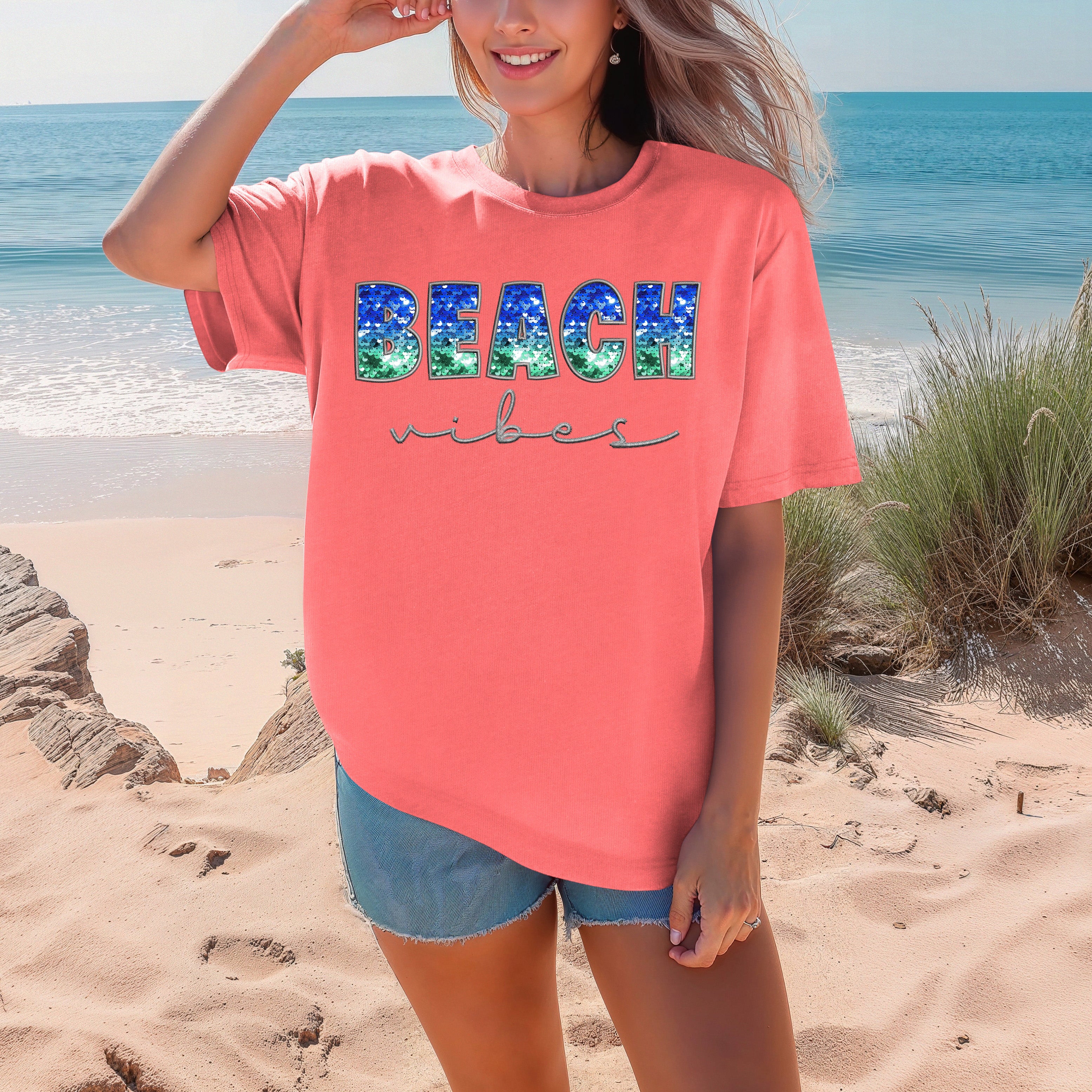 Beach Vibes Faux Sequin Emb