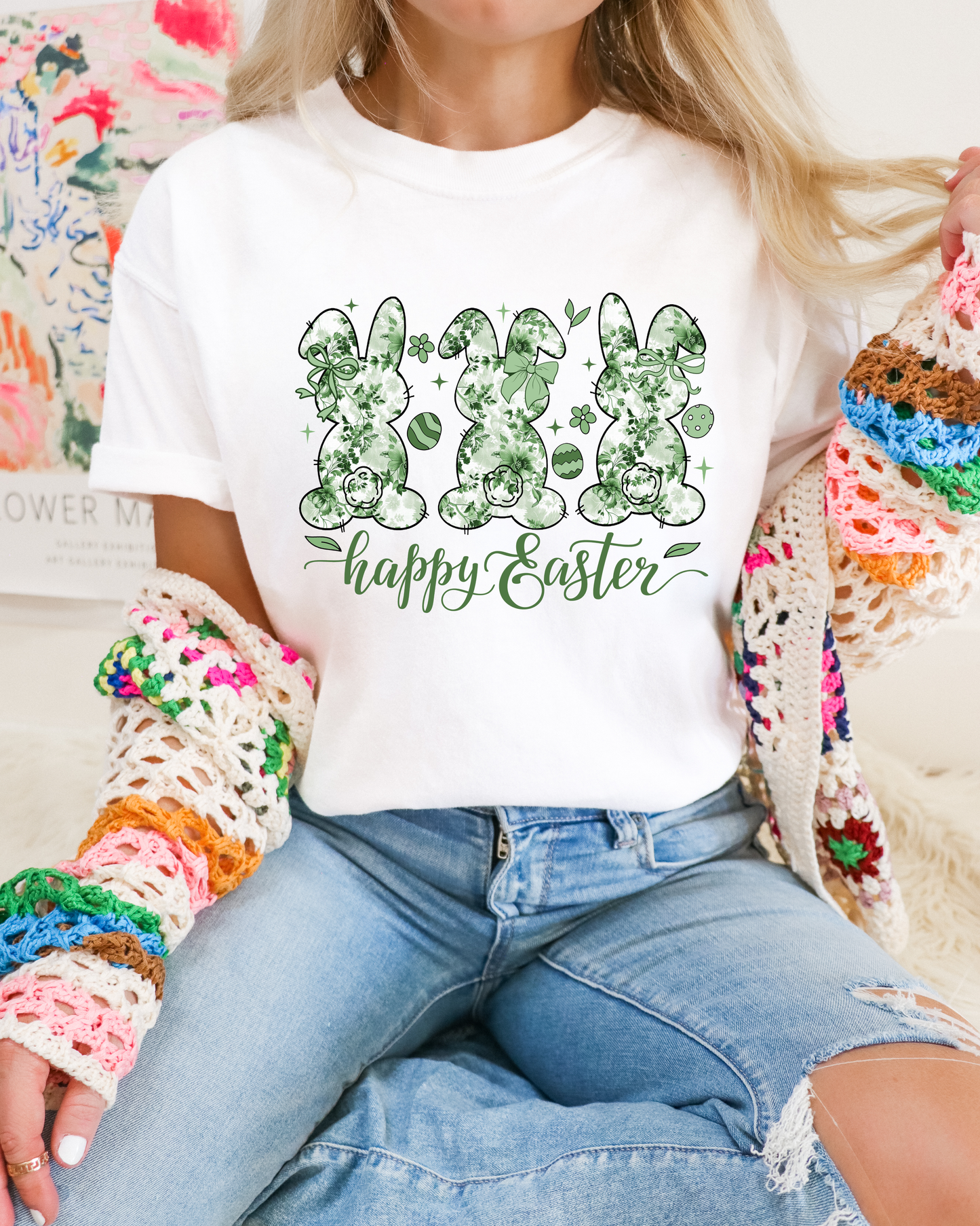 Happy Easter Green Floral Bunnies