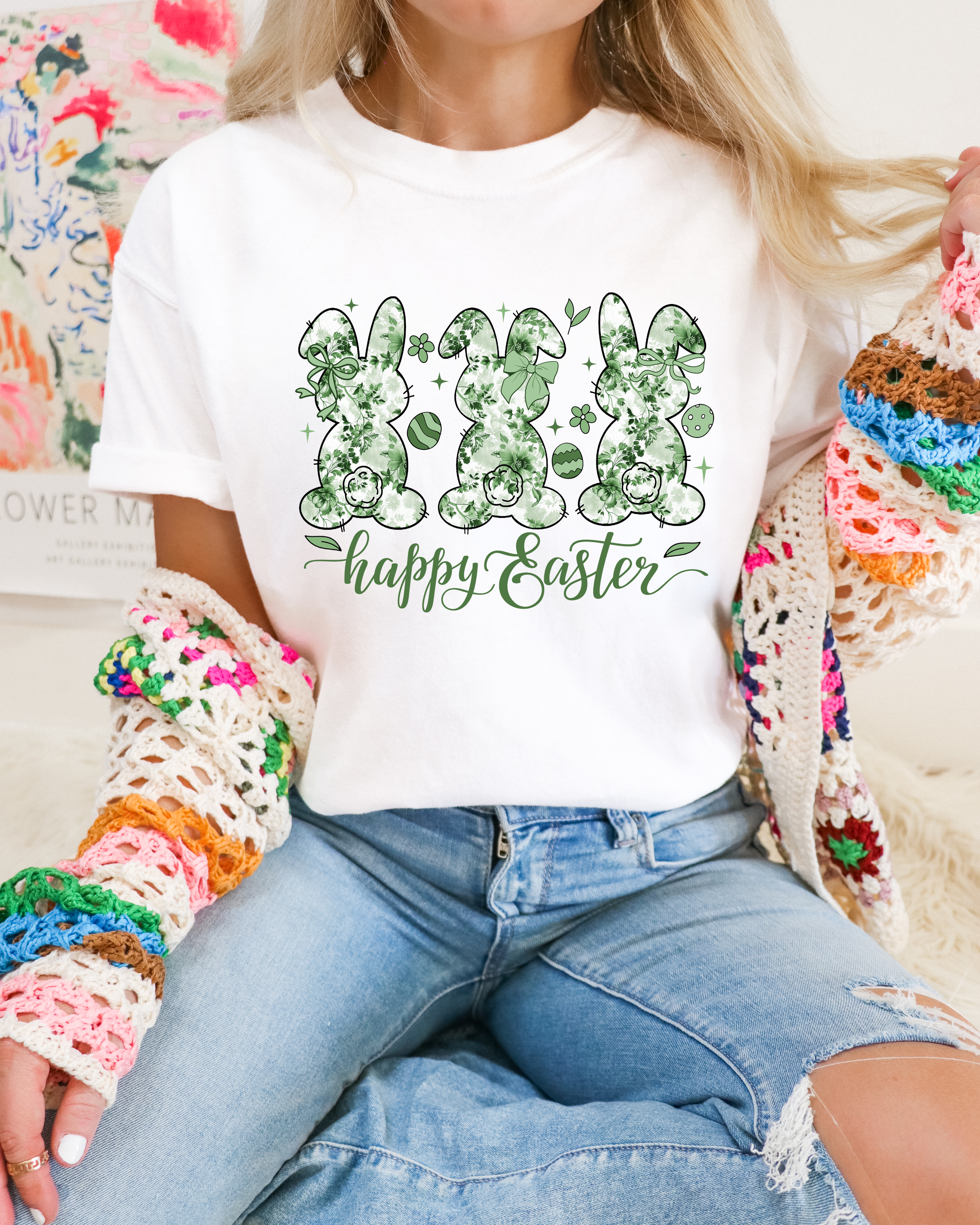 Happy Easter Green Floral Bunnies