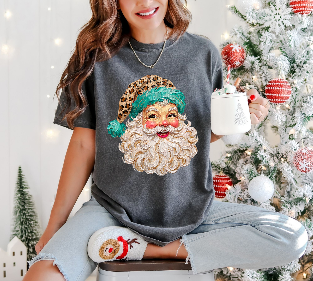 Santa with Leopard Teal Hat