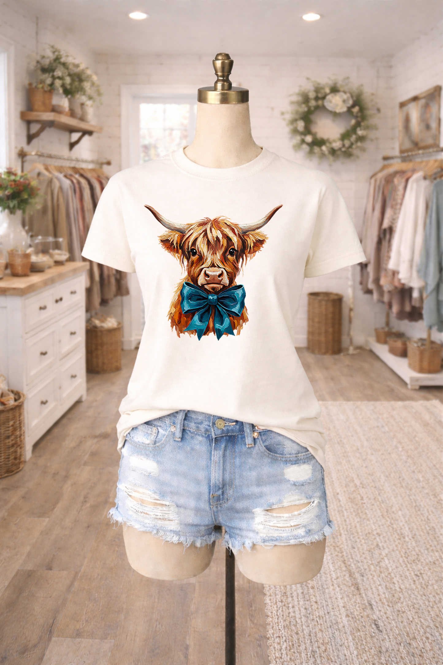 Painted Highland Cow with Teal Bow