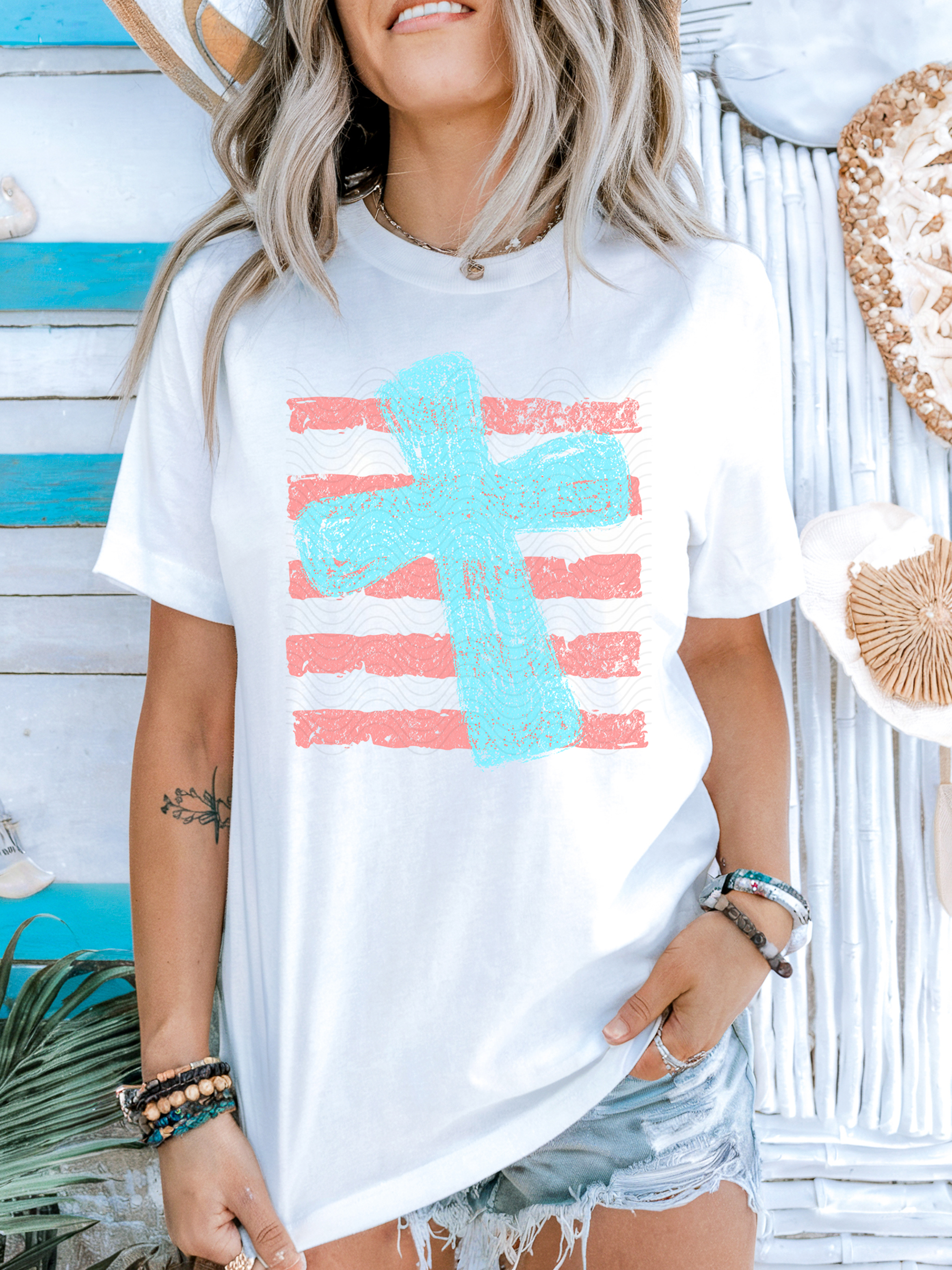 Distressed Pink Stripe Teal Cross