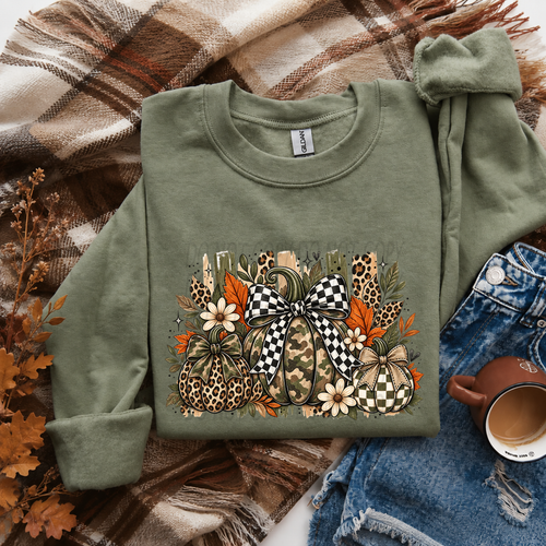 Load image 1 in gallery view. Camo Pumpkin with Checkered Bow Boho Collage