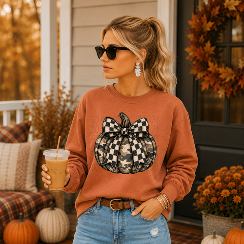 Load image 1 in gallery view. Camo Pumpkin with Checkered Bow