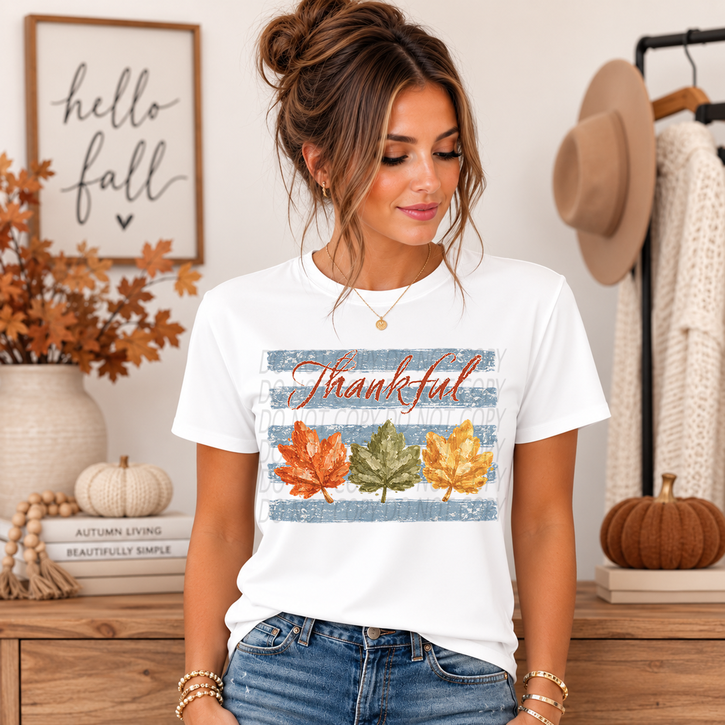 Thankful Stripes with Watercolor Leaves