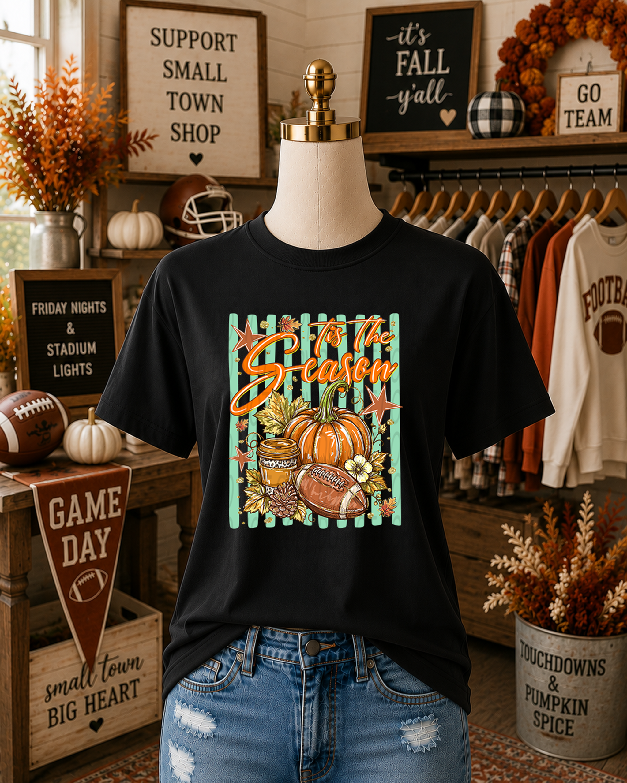 Tis The Season Football and Pumpkin with Stripes