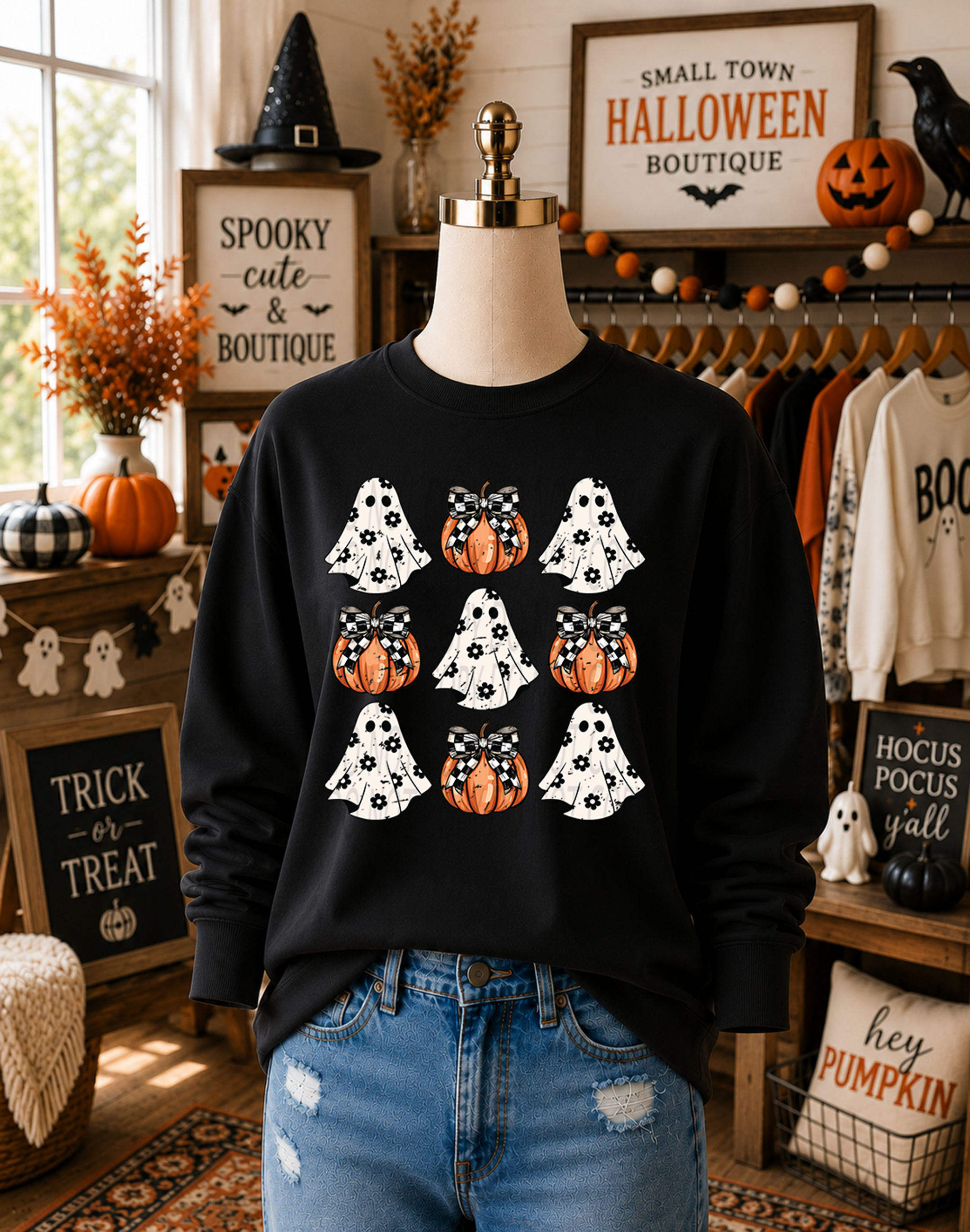 Collage Ghost with Checkered Bow Pumpkins