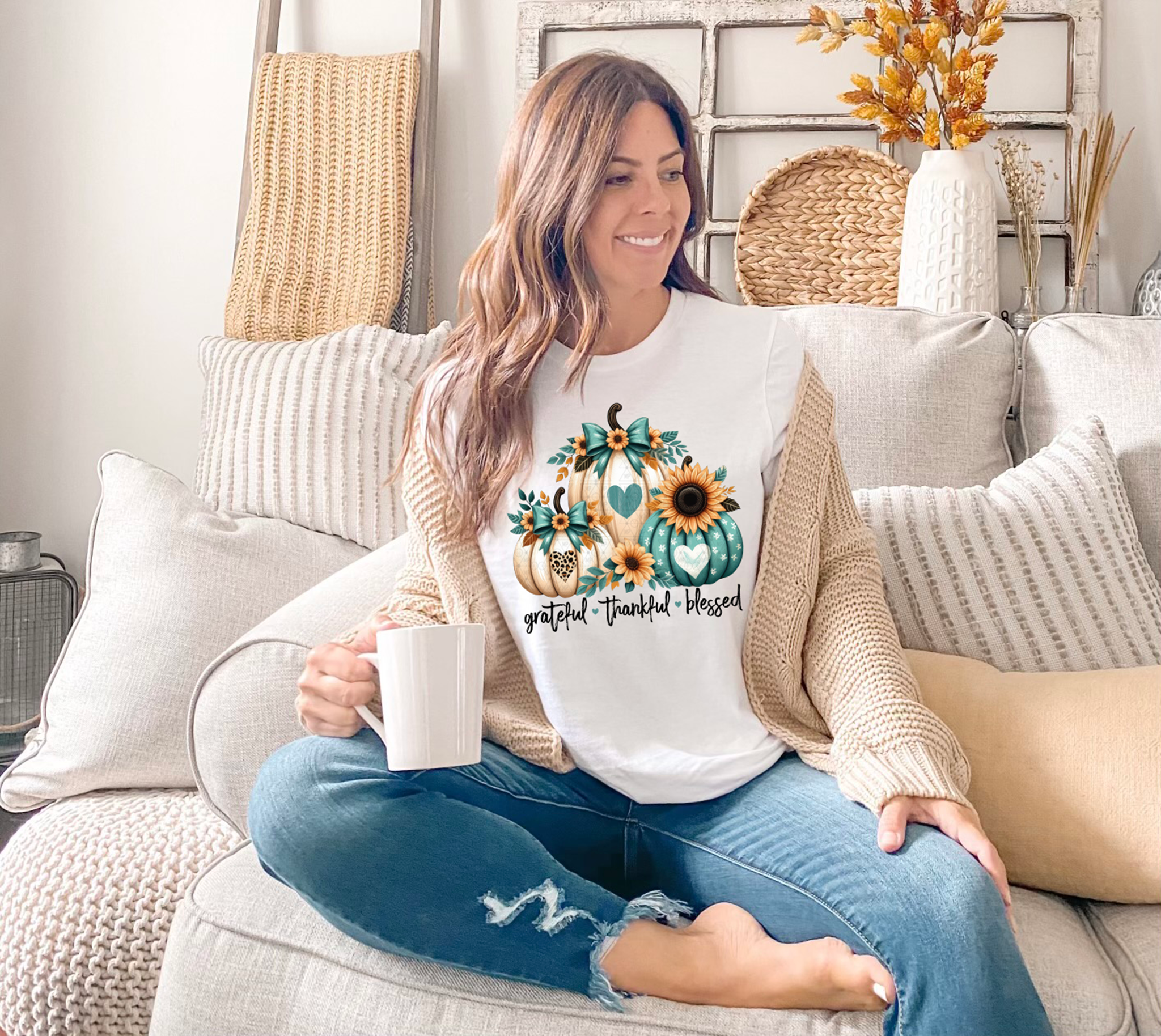 Grateful Thankful Blessed Teal Pumpkins and Sunflowers