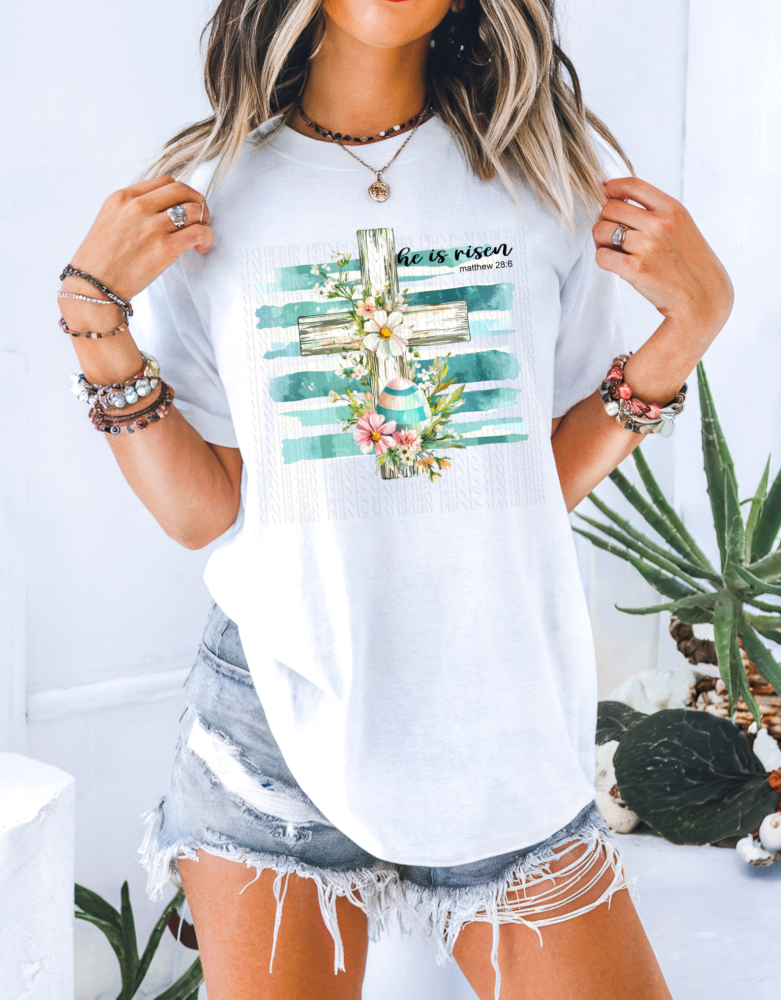 Teal He Is Risen Cross