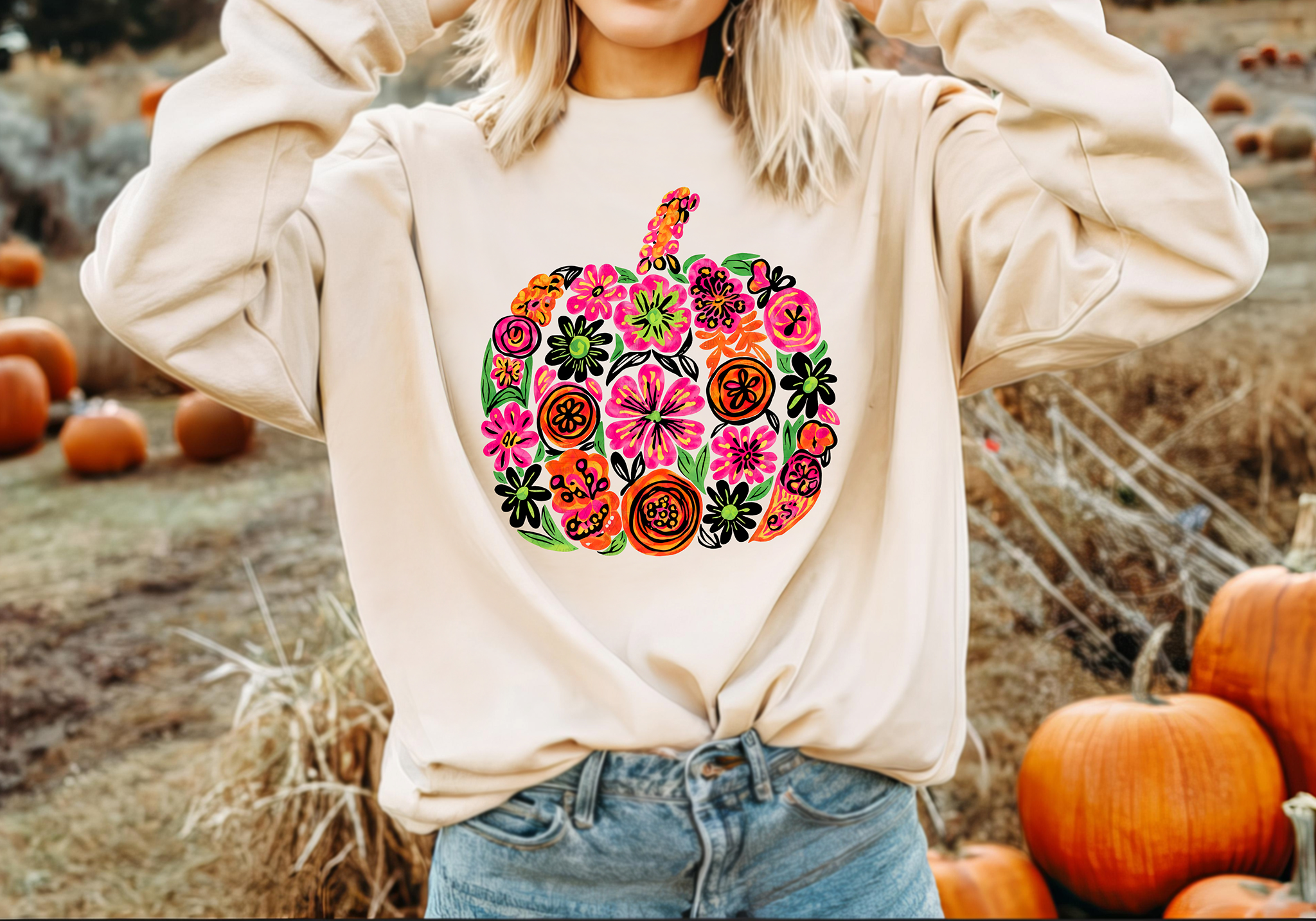 Boho Floral Pumpkin with Black Flowers
