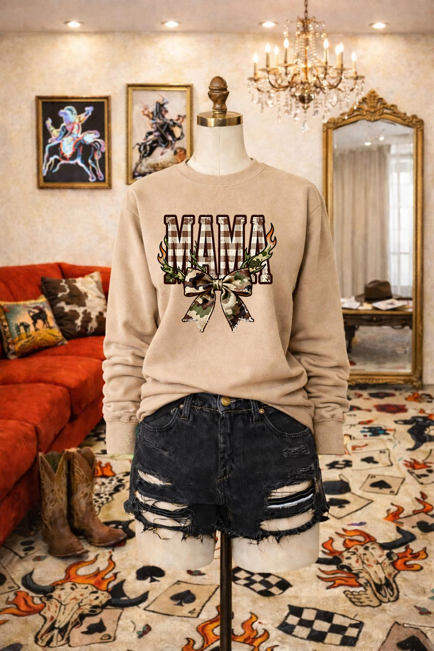 Checkered Mama with Camo Bow