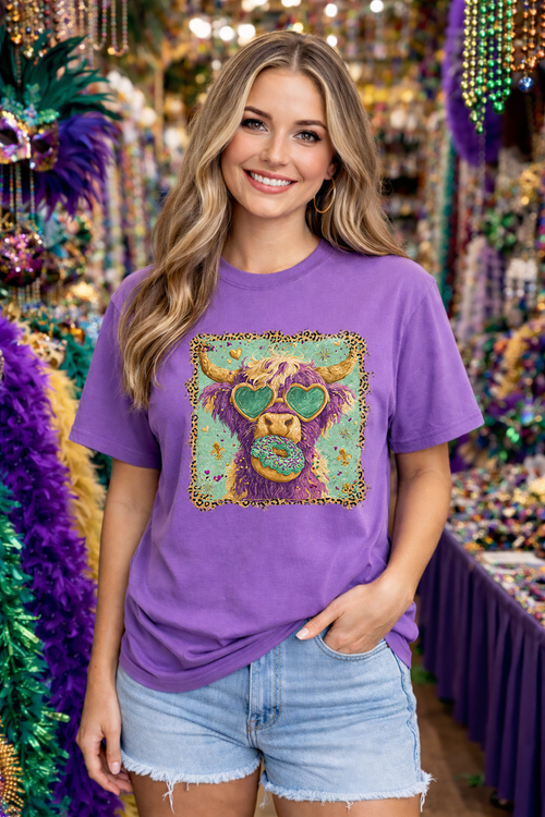 Load image 1 in gallery view. Mardi Gras Highland Cow with Donut