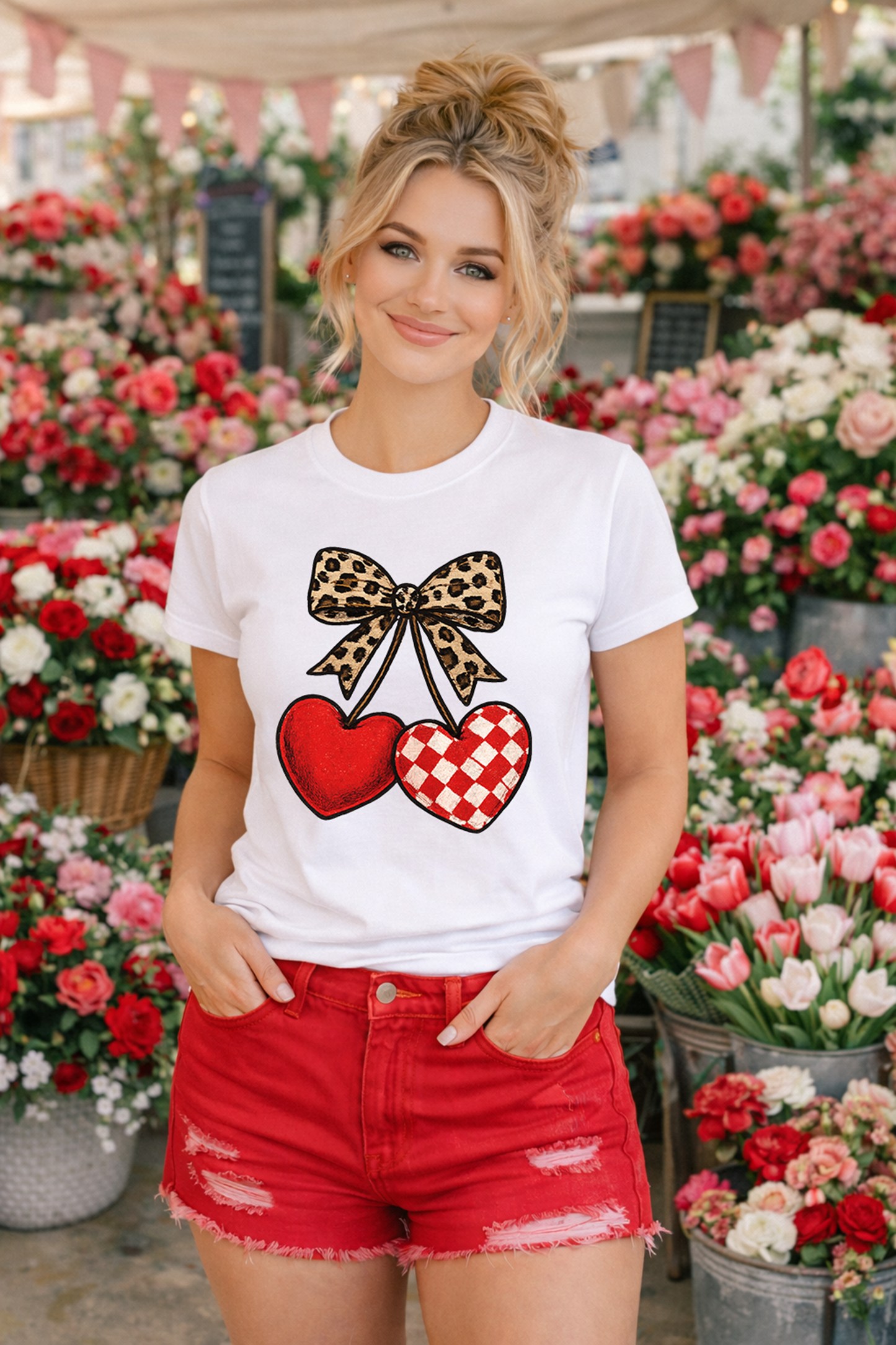 Leopard Bow Checkered Heart Cherries