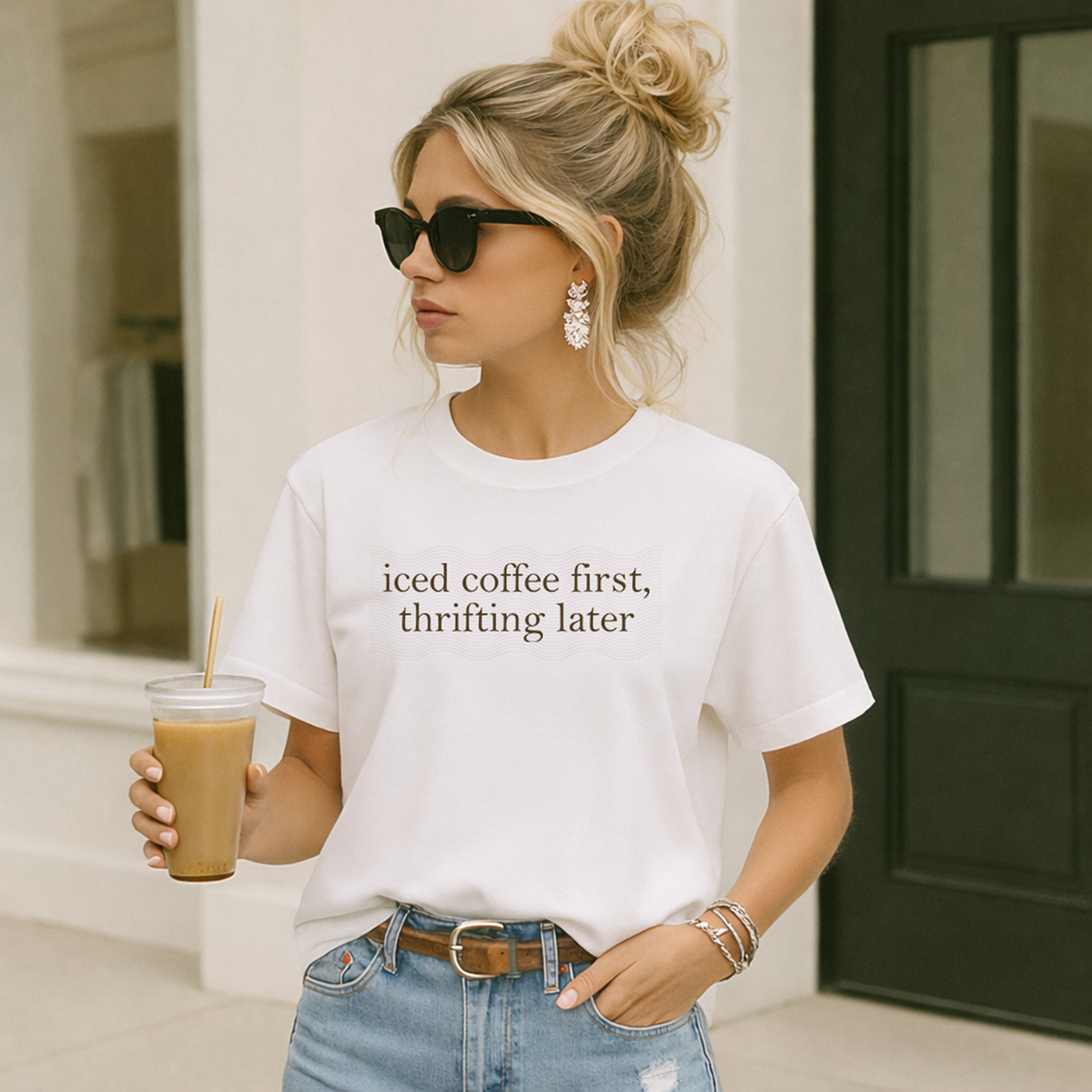 iced coffee first, thrifting later