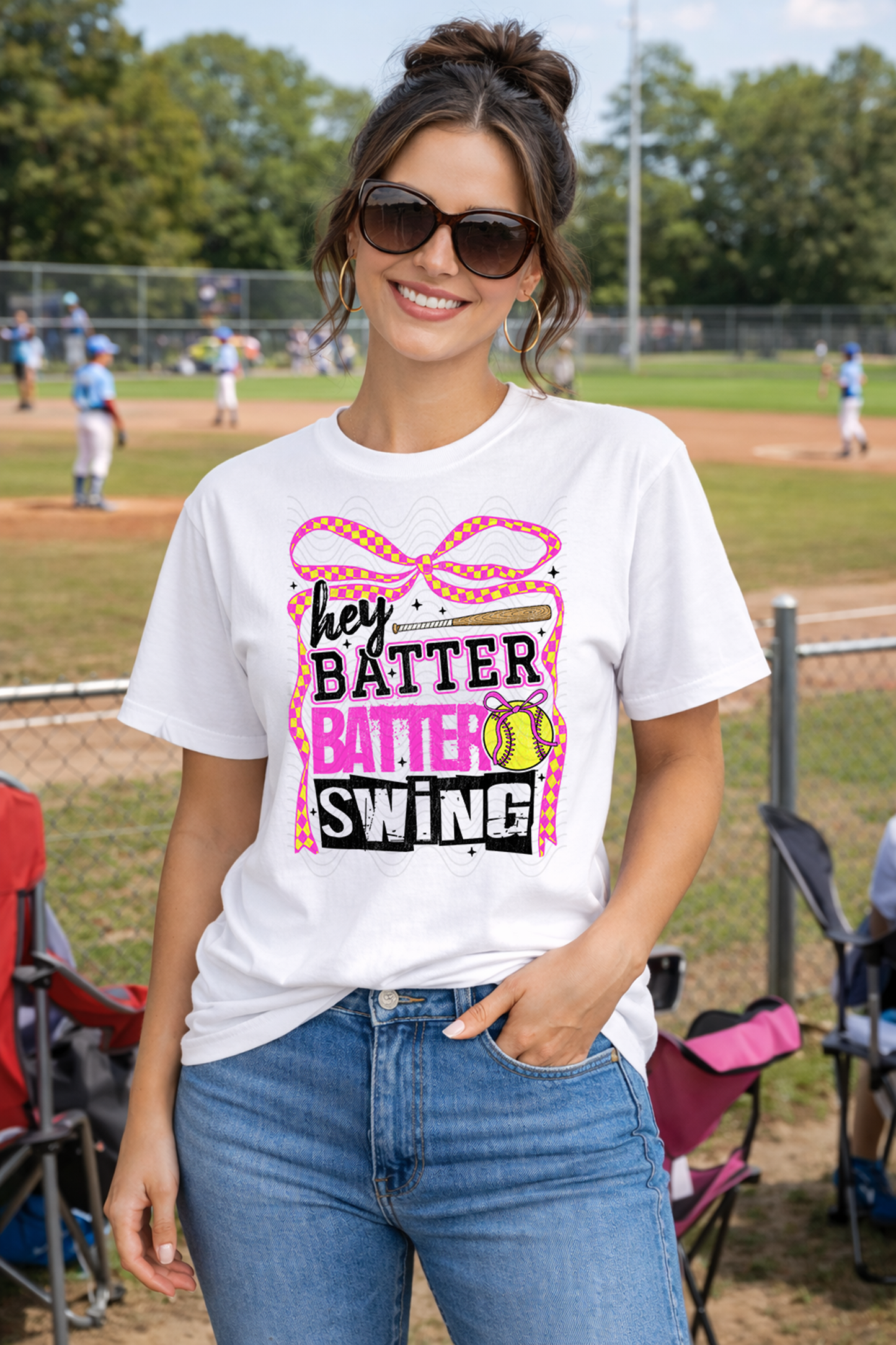 Pink Checkered Bow Hey Batter Batter Swing