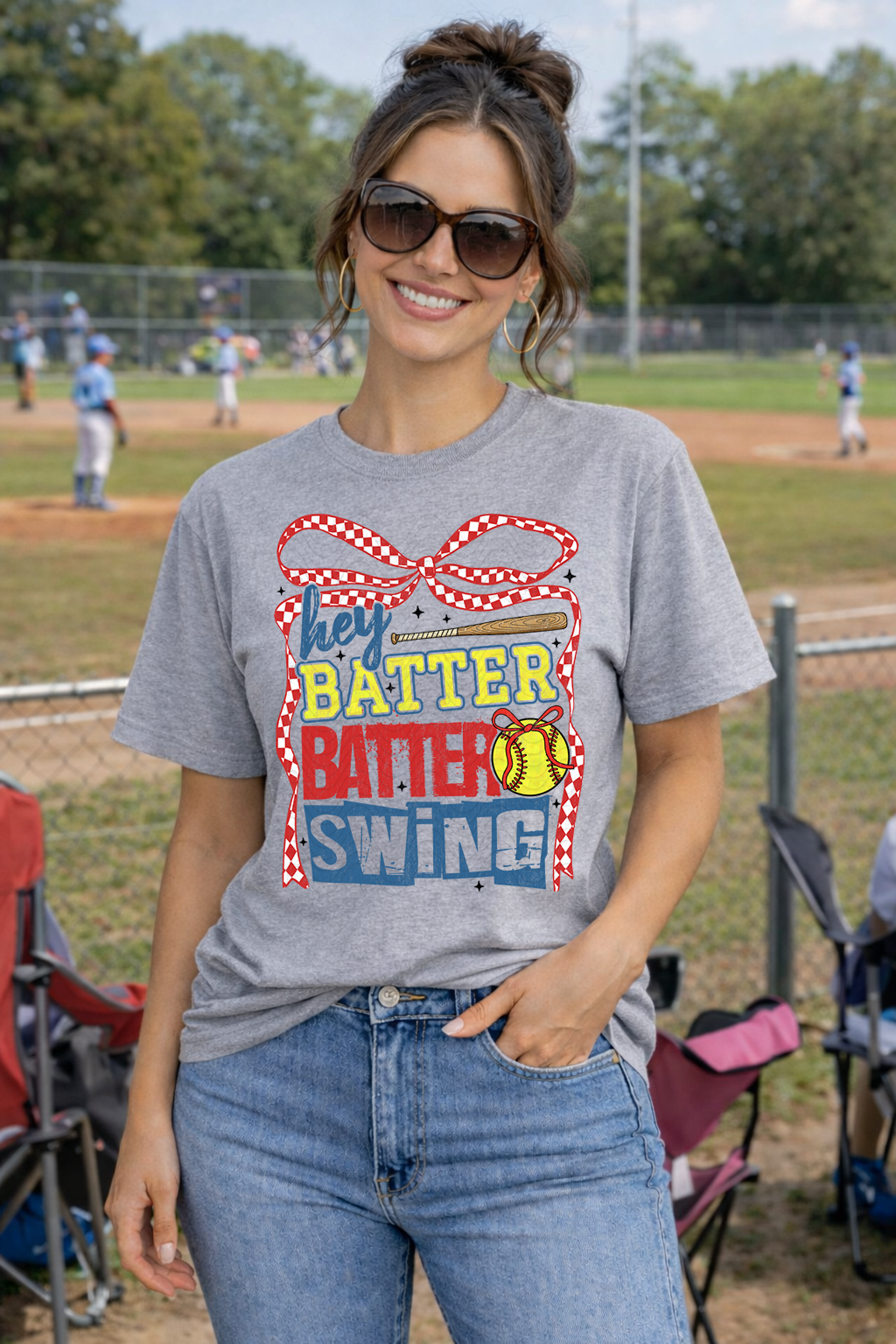 Red Checkered Bow Hey Batter Batter Swing