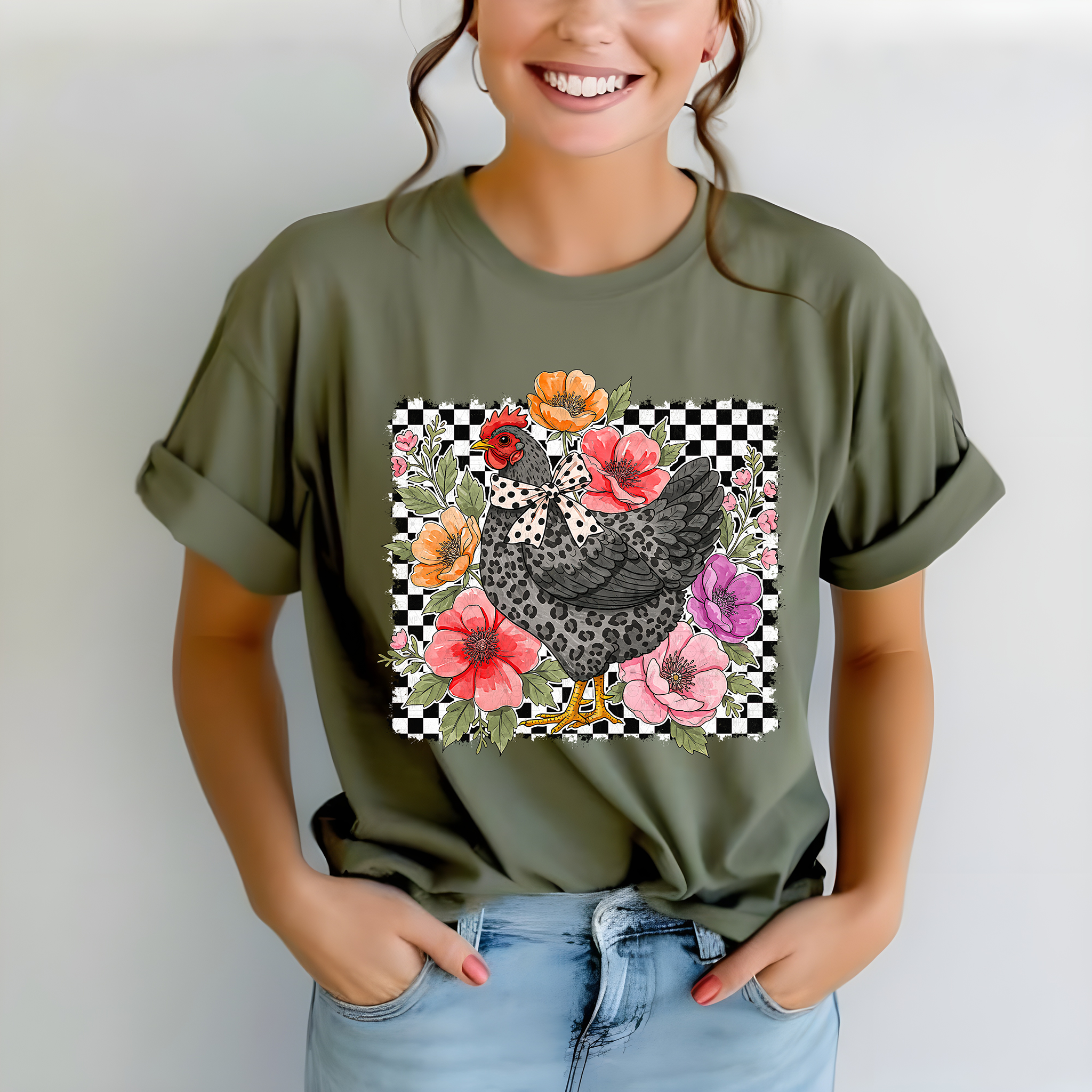 Checkered Black Leopard Chicken with Flowers