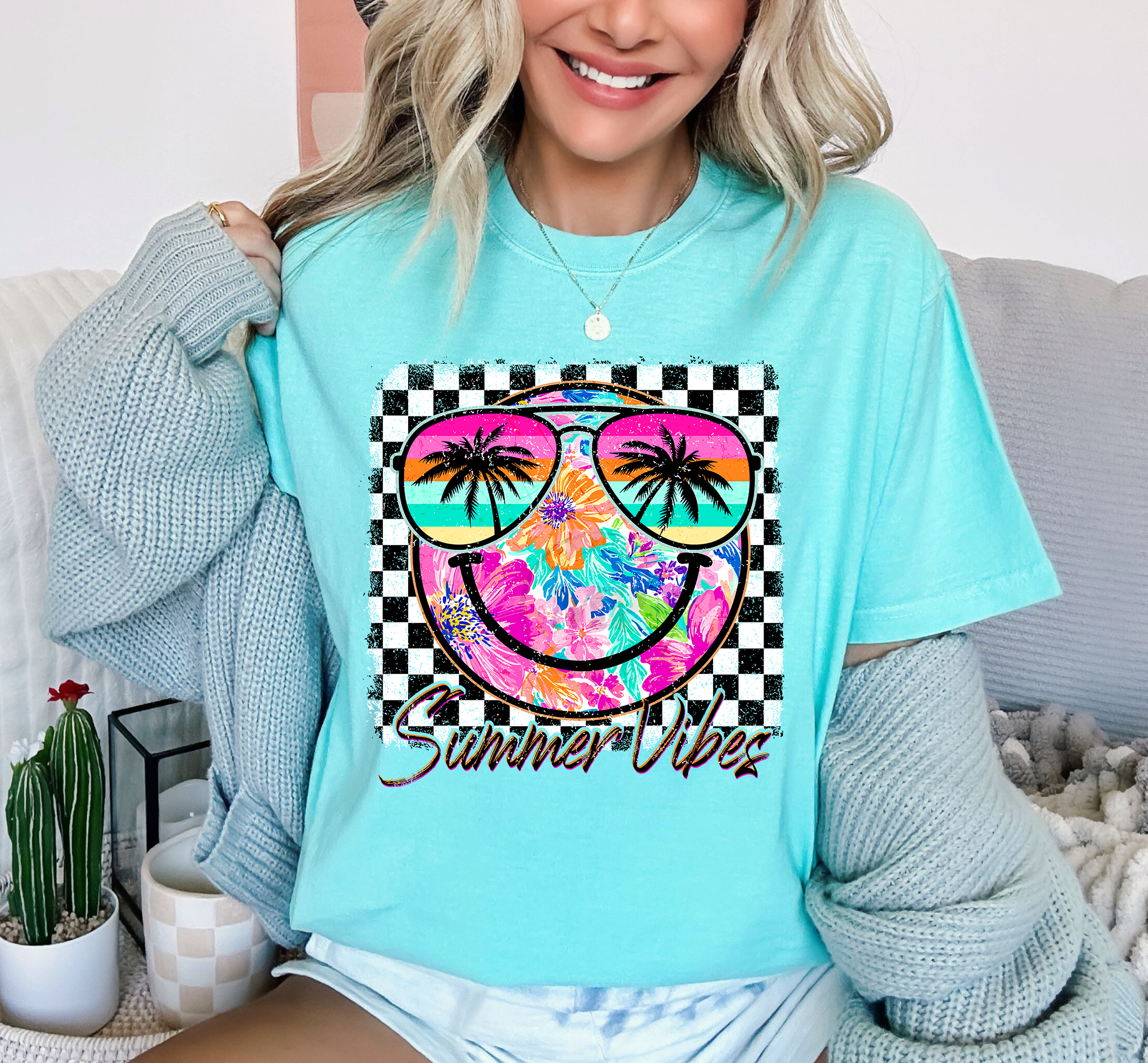 Checkered Summer Smiley Summer Vibes