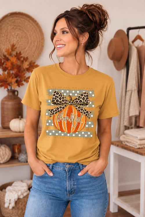 Load image 1 in gallery view. Thankful Pumpkin with Leopard Bow and Stripes