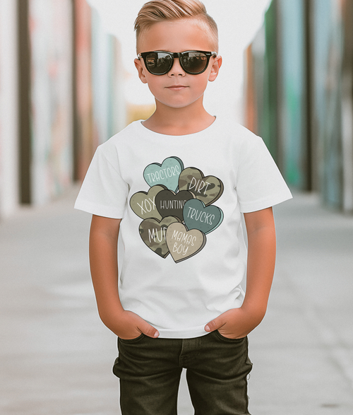 Load image 1 in gallery view. Mama's Boy Camo Hearts