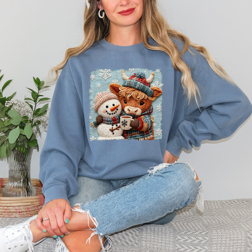 Load image 1 in gallery view. Winter Highland Cow with Snowman Doodle Square